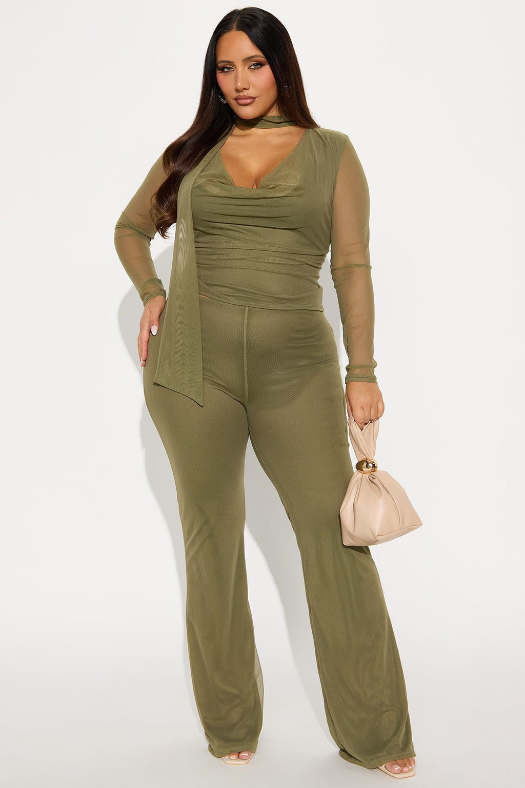 Maya Cowl Neck Scarf Top And Pant Set  - Olive