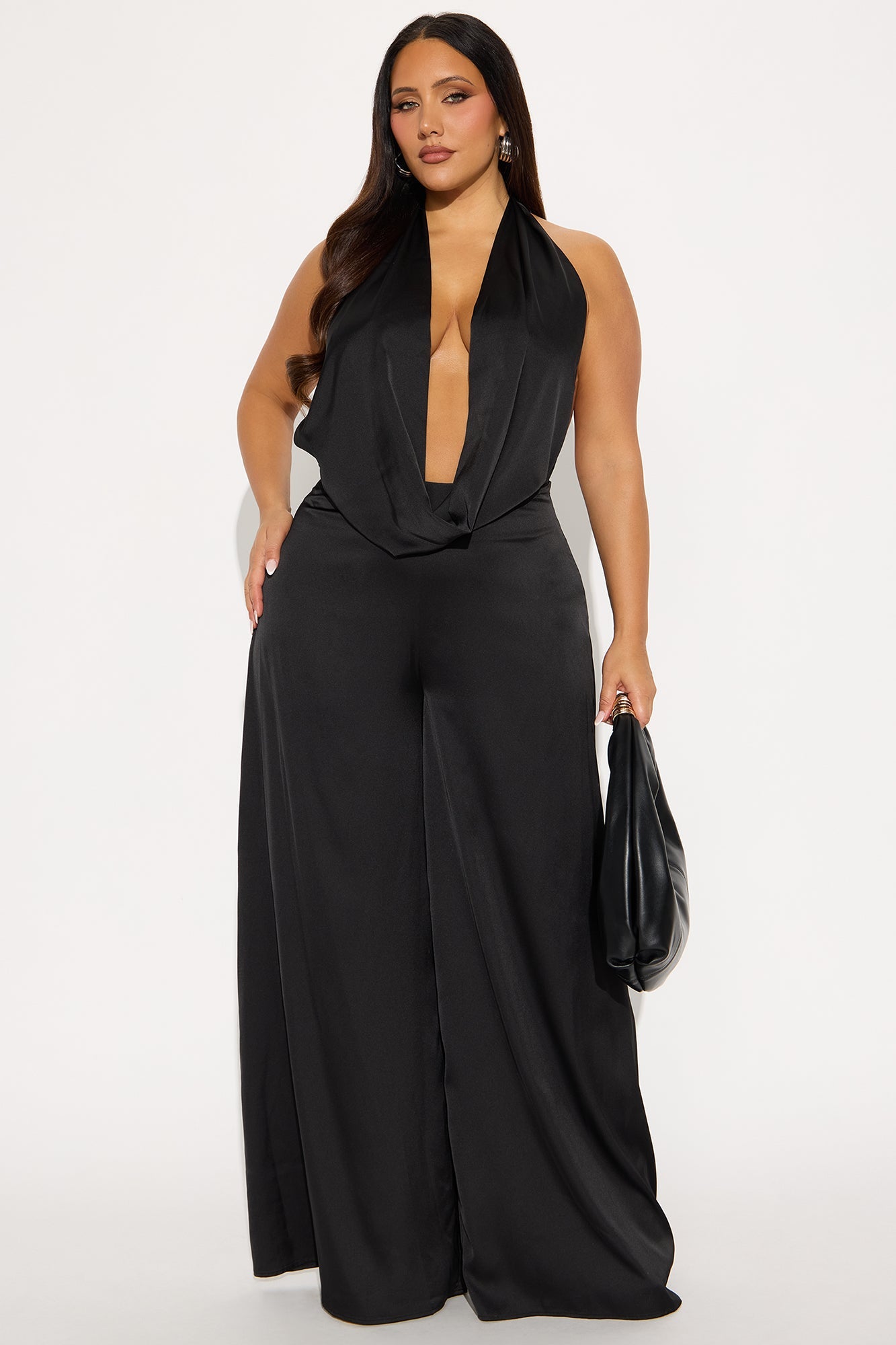 Sun and Sips Solid Satin Jumpsuit - Black