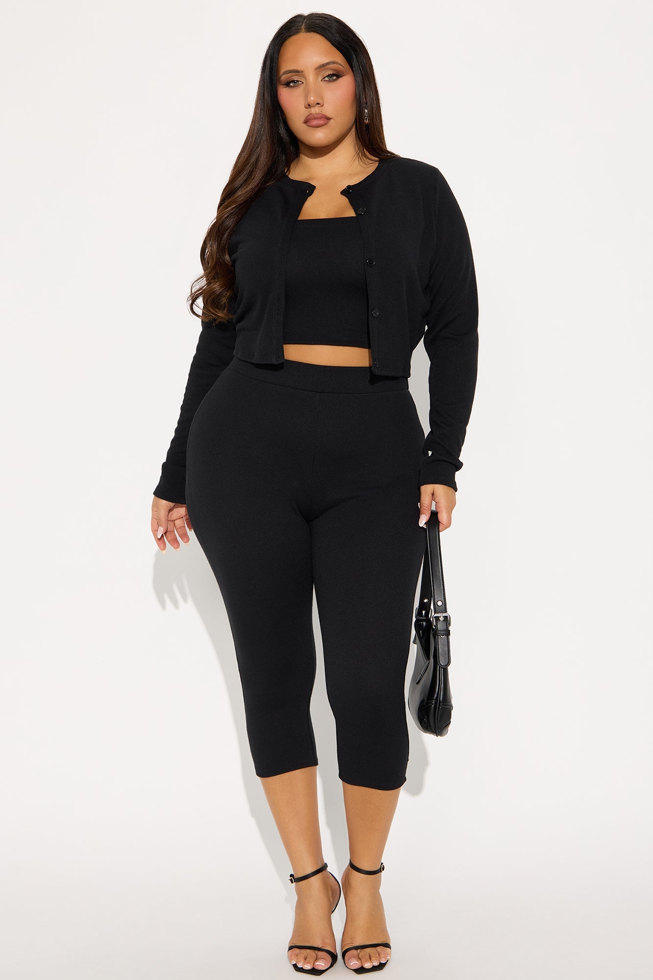 Adeline Ribbed 3 Piece Capri Set - Black