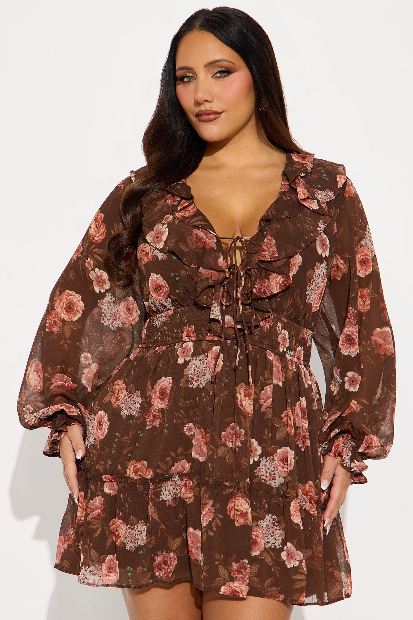 Bethany Floral Chiffon Mini Dress - Brown/combo