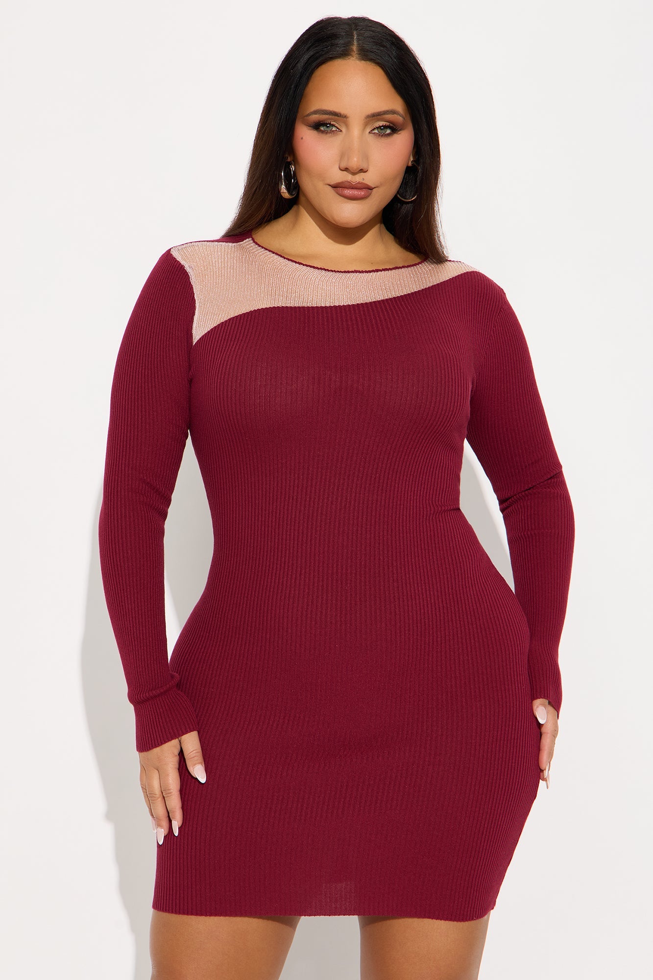 Burnt Bloom Mini Ribbed Dress - Burgundy