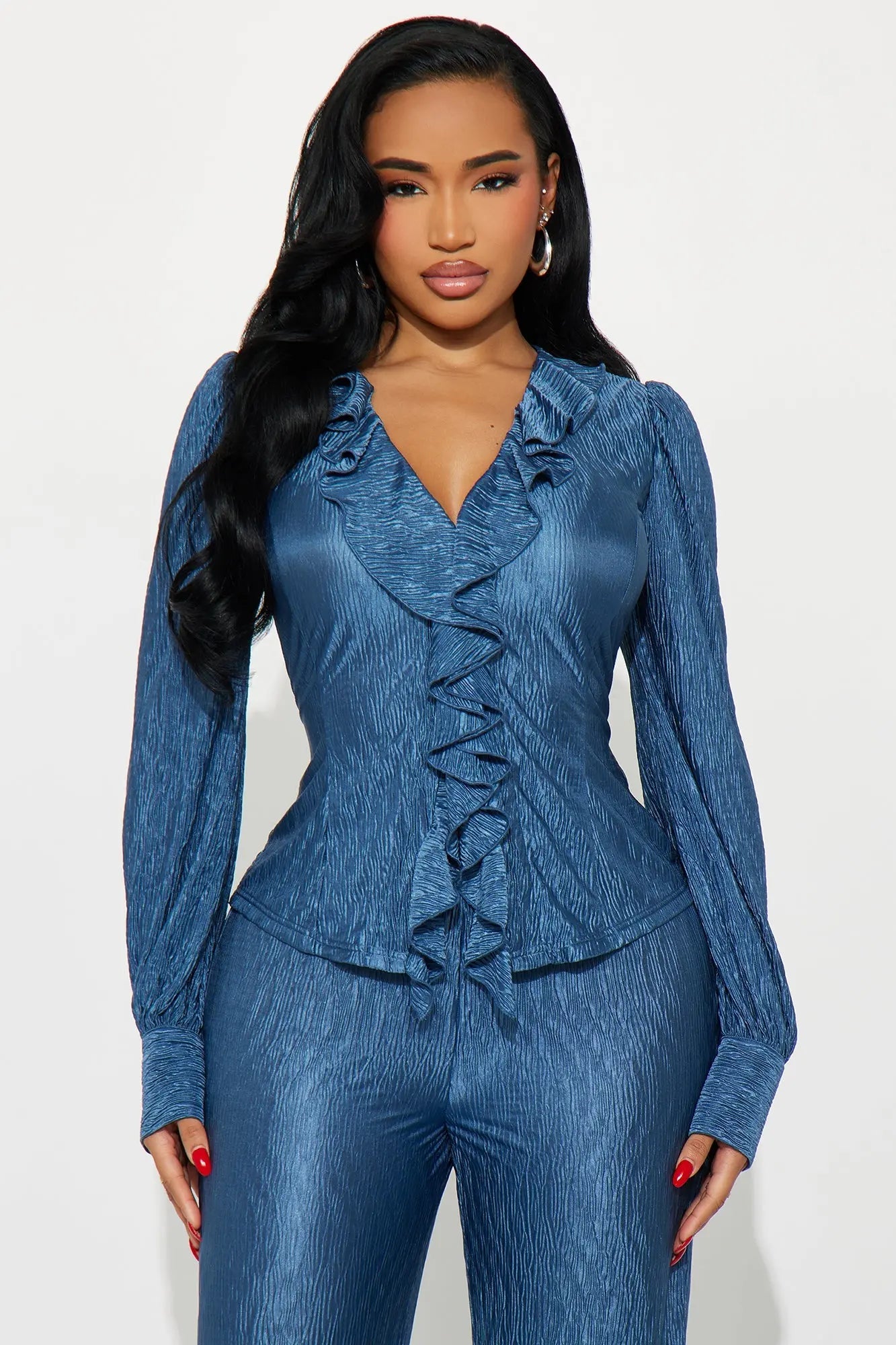 Sabine Plisse Ruffle Pant Set - Blue 