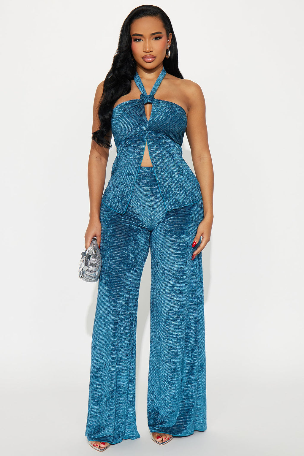 Alexa Shimmer Velvet Pant Set - Teal