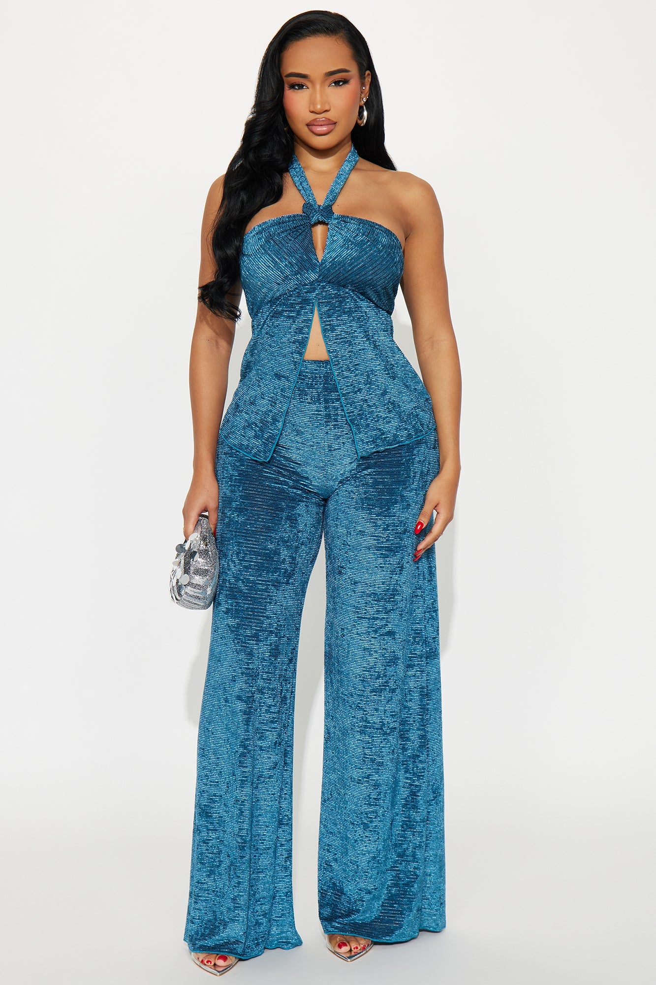 Alexa Shimmer Velvet Pant Set - Teal