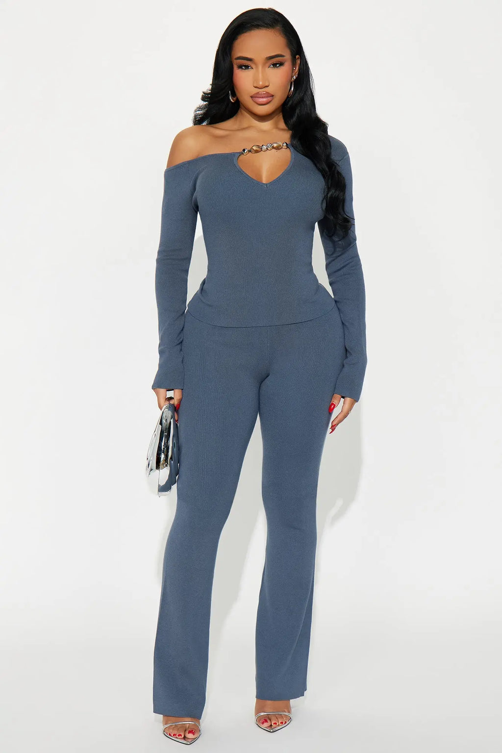 Sasha Sweater Flare Pant Set - Slate Blue 