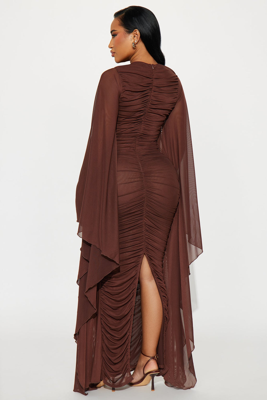 Rocca Mesh Ruched Maxi Gown - Chocolate