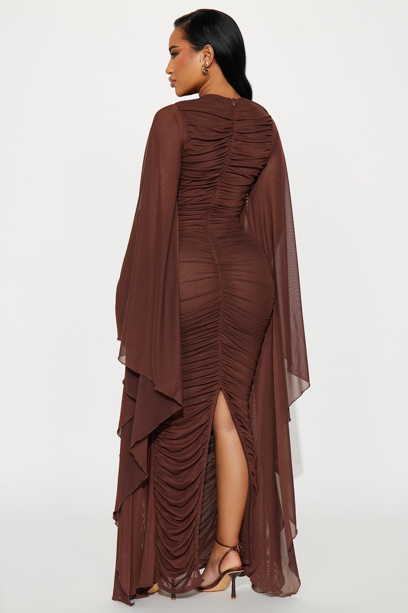 Rocca Mesh Ruched Maxi Gown - Chocolate