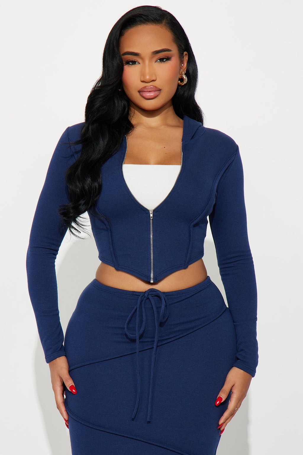 Body Lines Hoodie Maxi Skirt Set - Navy 
