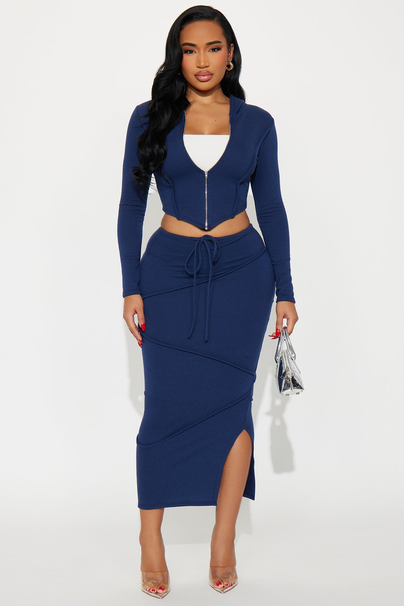 Body Lines Hoodie Maxi Skirt Set - Navy 