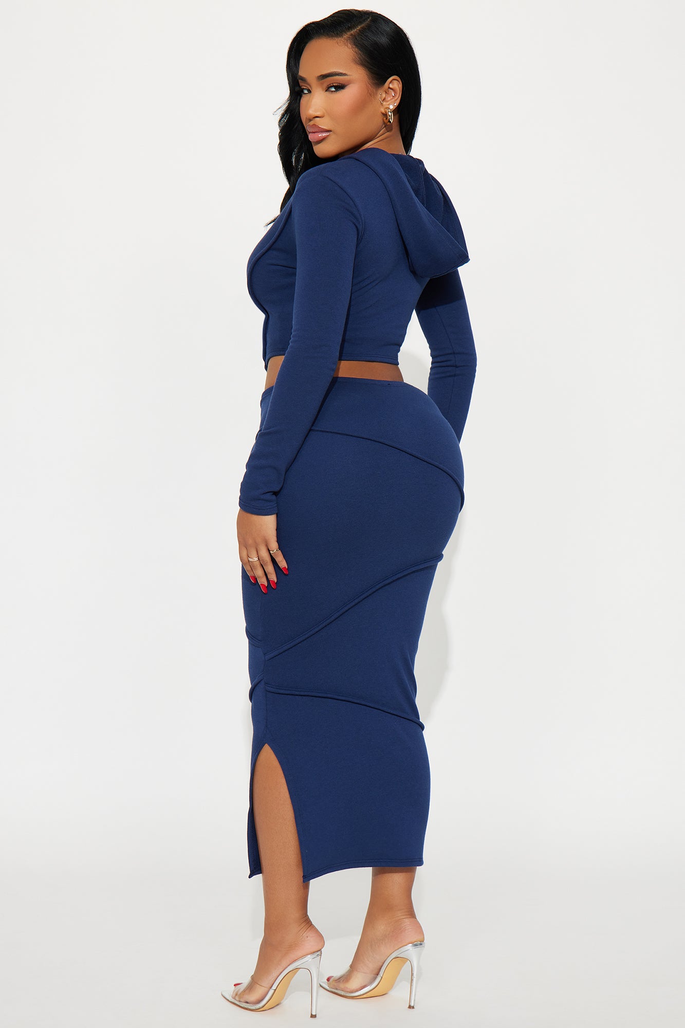 Body Lines Hoodie Maxi Skirt Set - Navy 