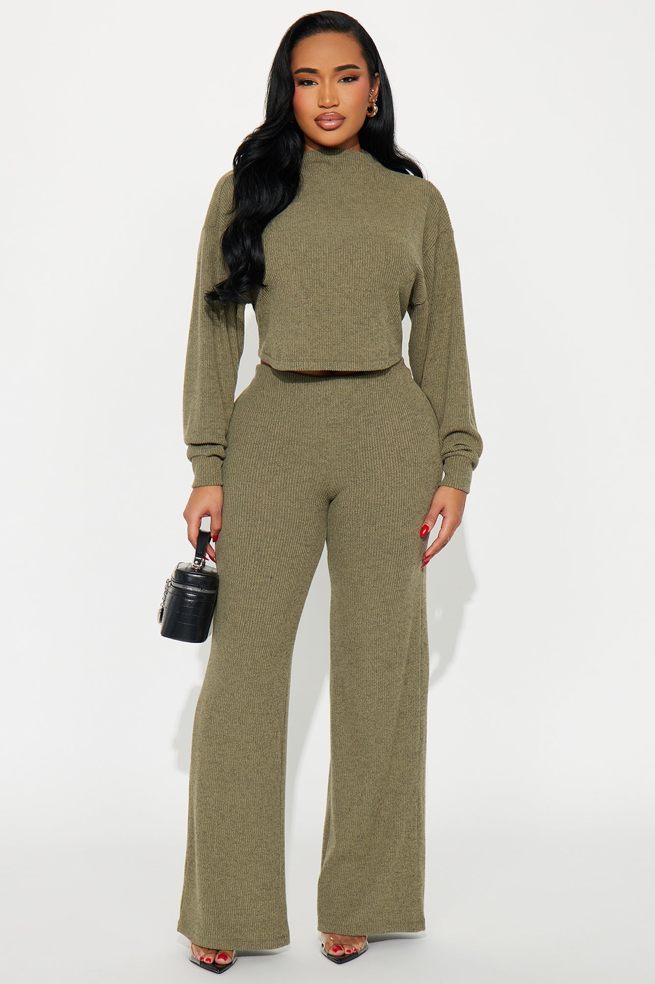 Sienna Soft Knit Wide Leg Pant Set - Olive