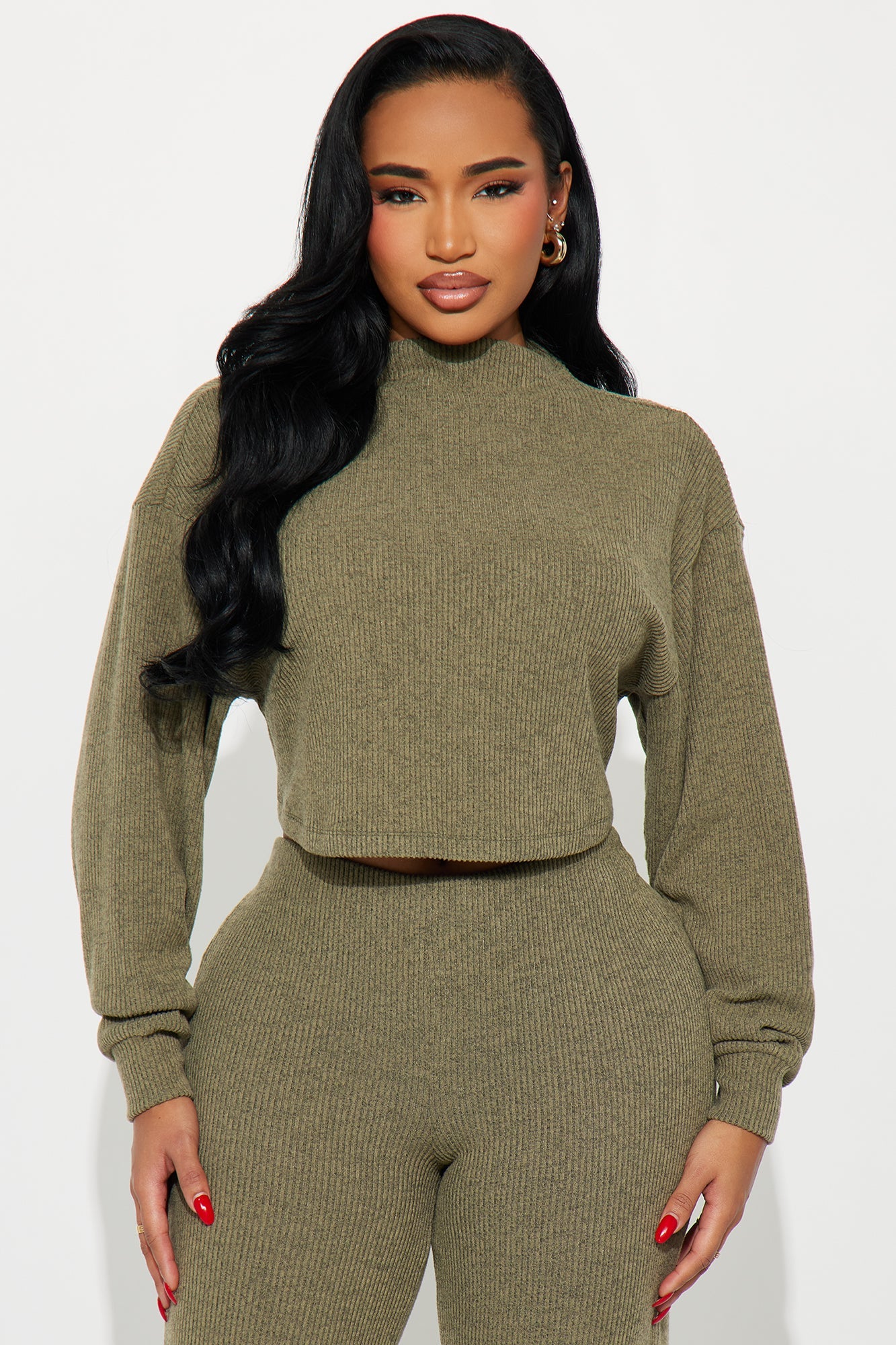 Sienna Soft Knit Wide Leg Pant Set - Olive