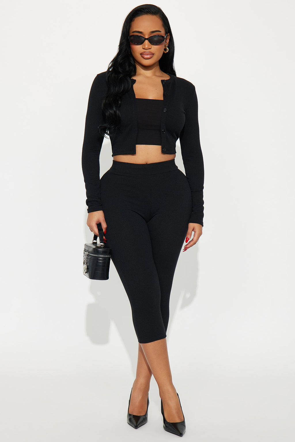 Adeline Ribbed 3 Piece Capri Set - Black