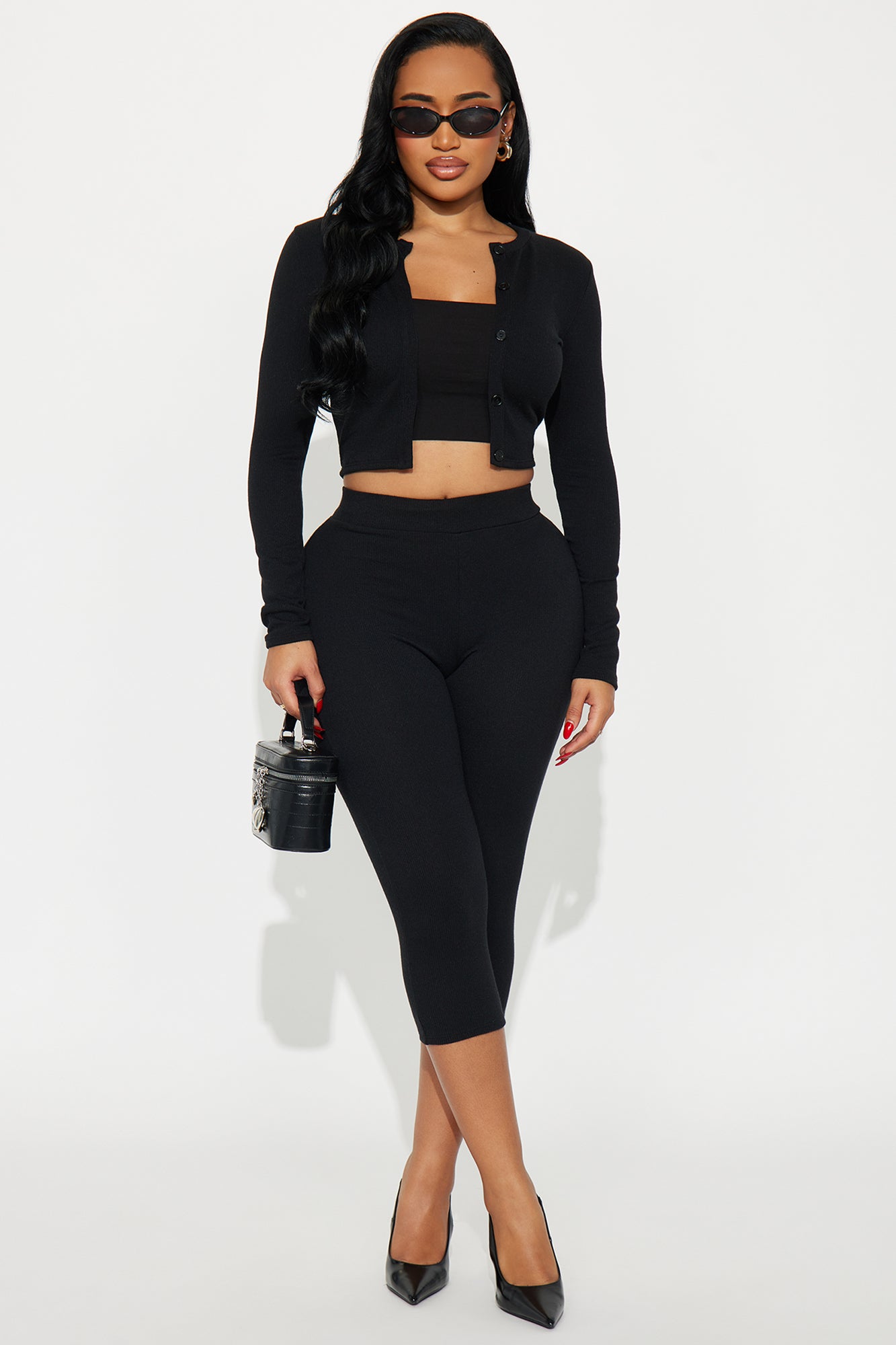 Adeline Ribbed 3 Piece Capri Set - Black