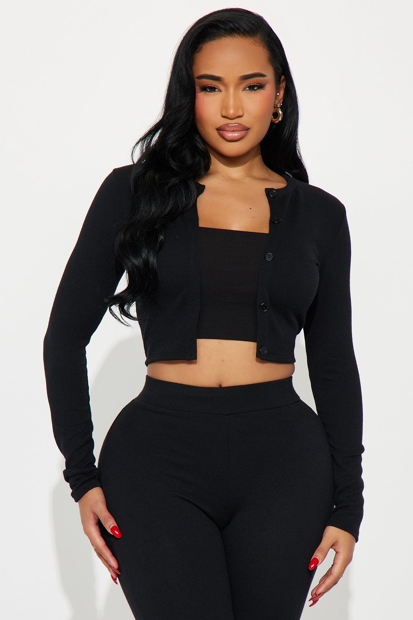 Adeline Ribbed 3 Piece Capri Set - Black