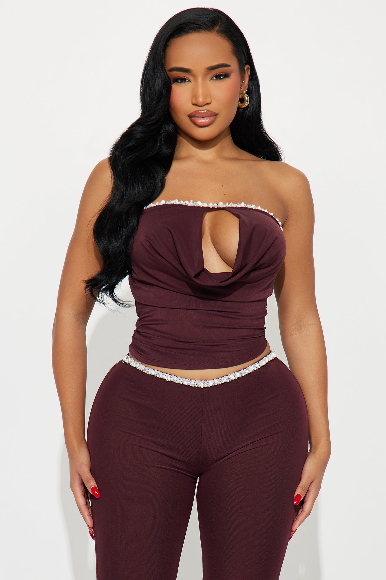 Ella Embellished Mesh Pant Set - Burgundy