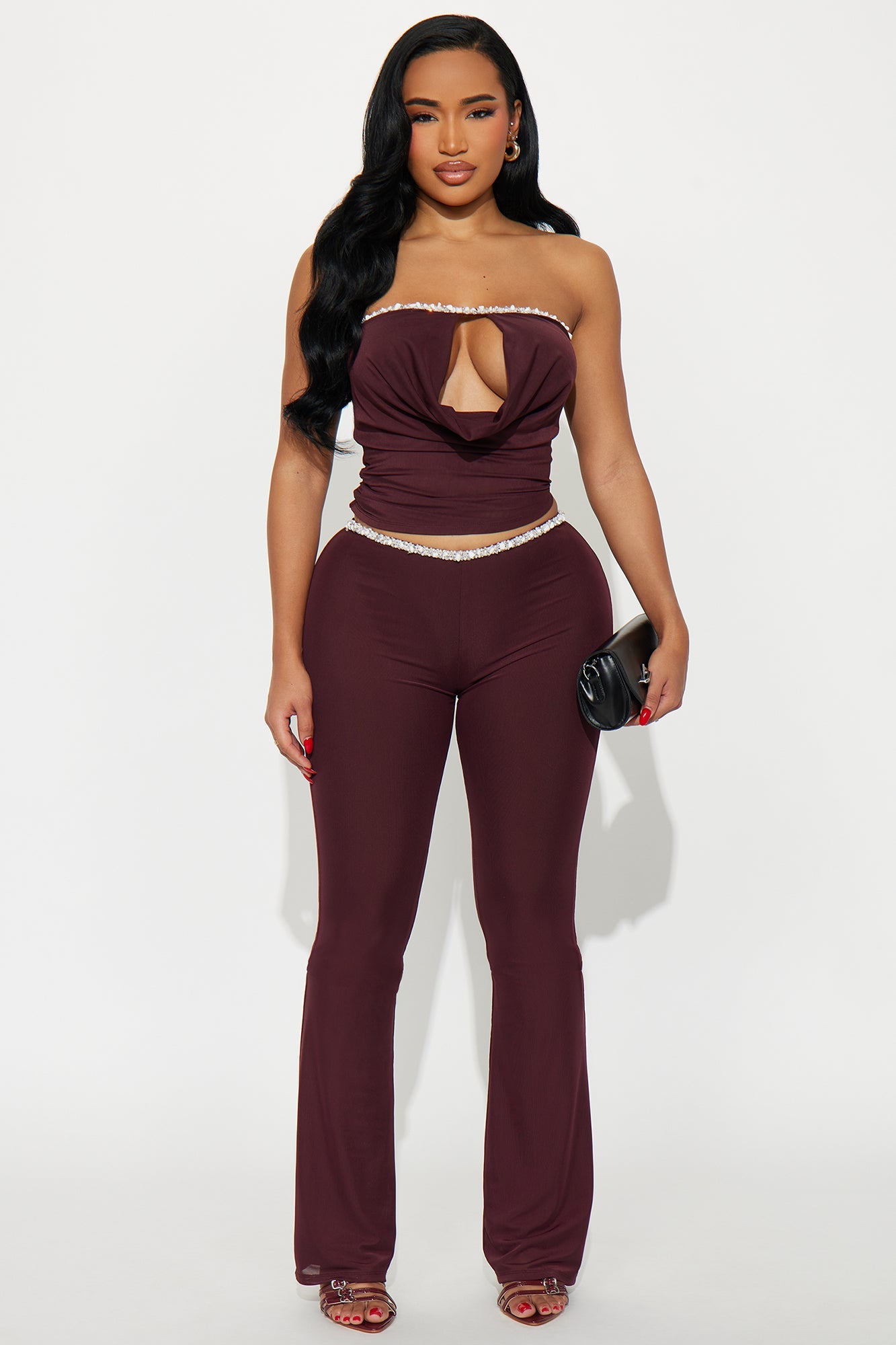 Ella Embellished Mesh Pant Set - Burgundy