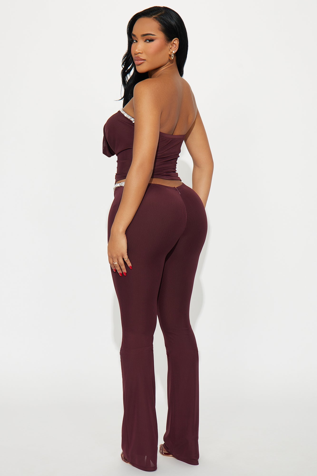 Ella Embellished Mesh Pant Set - Burgundy