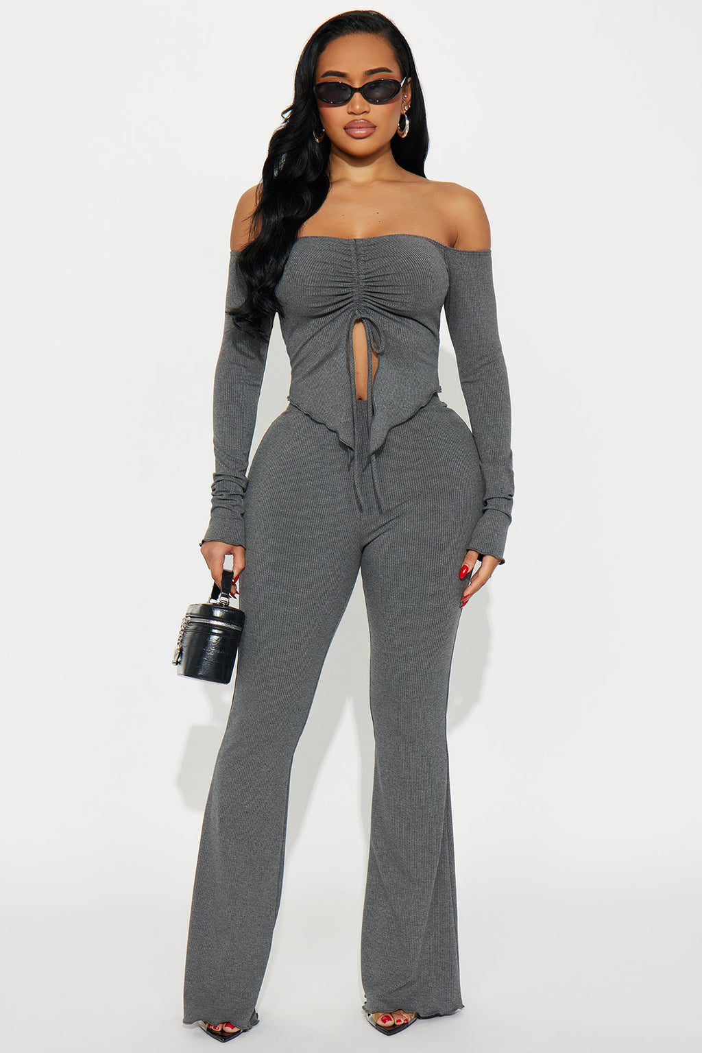 Adjust To Me Ribbed Off Shoulder Pant Set - Grey