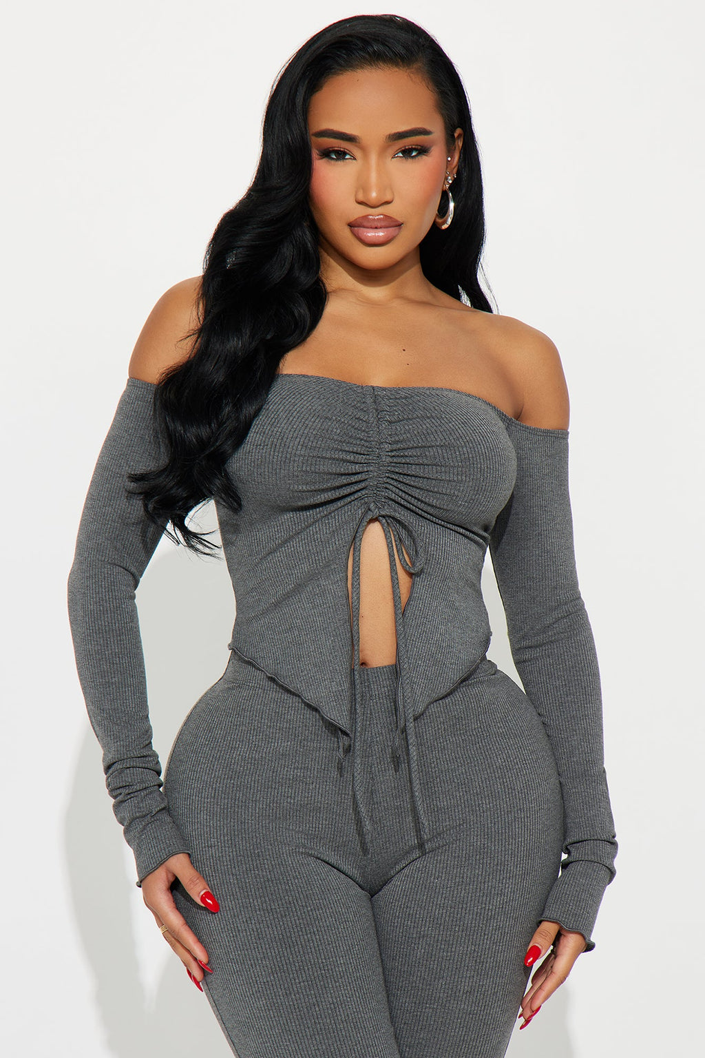 Adjust To Me Ribbed Off Shoulder Pant Set - Grey