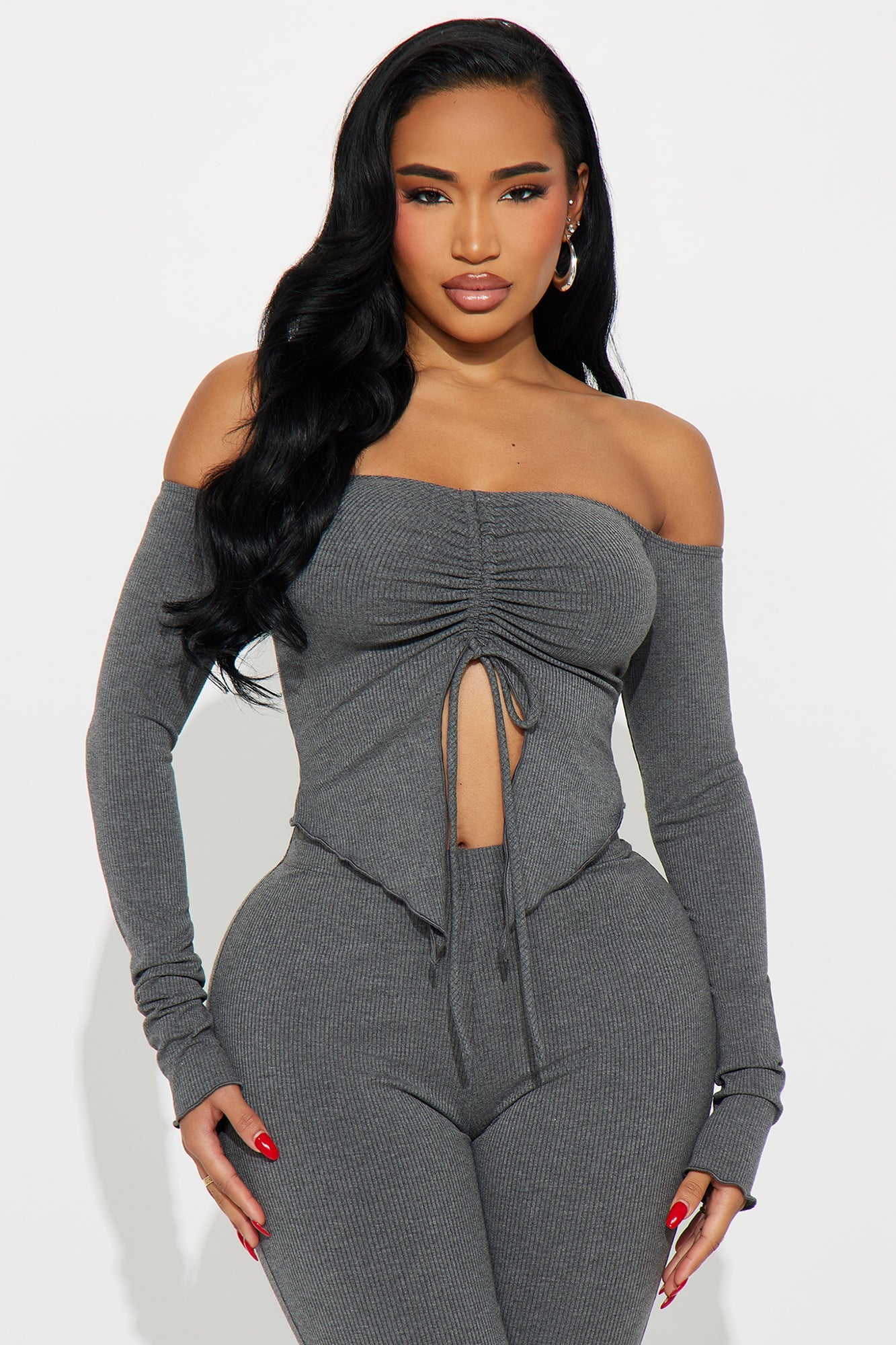 Adjust To Me Ribbed Off Shoulder Pant Set - Grey