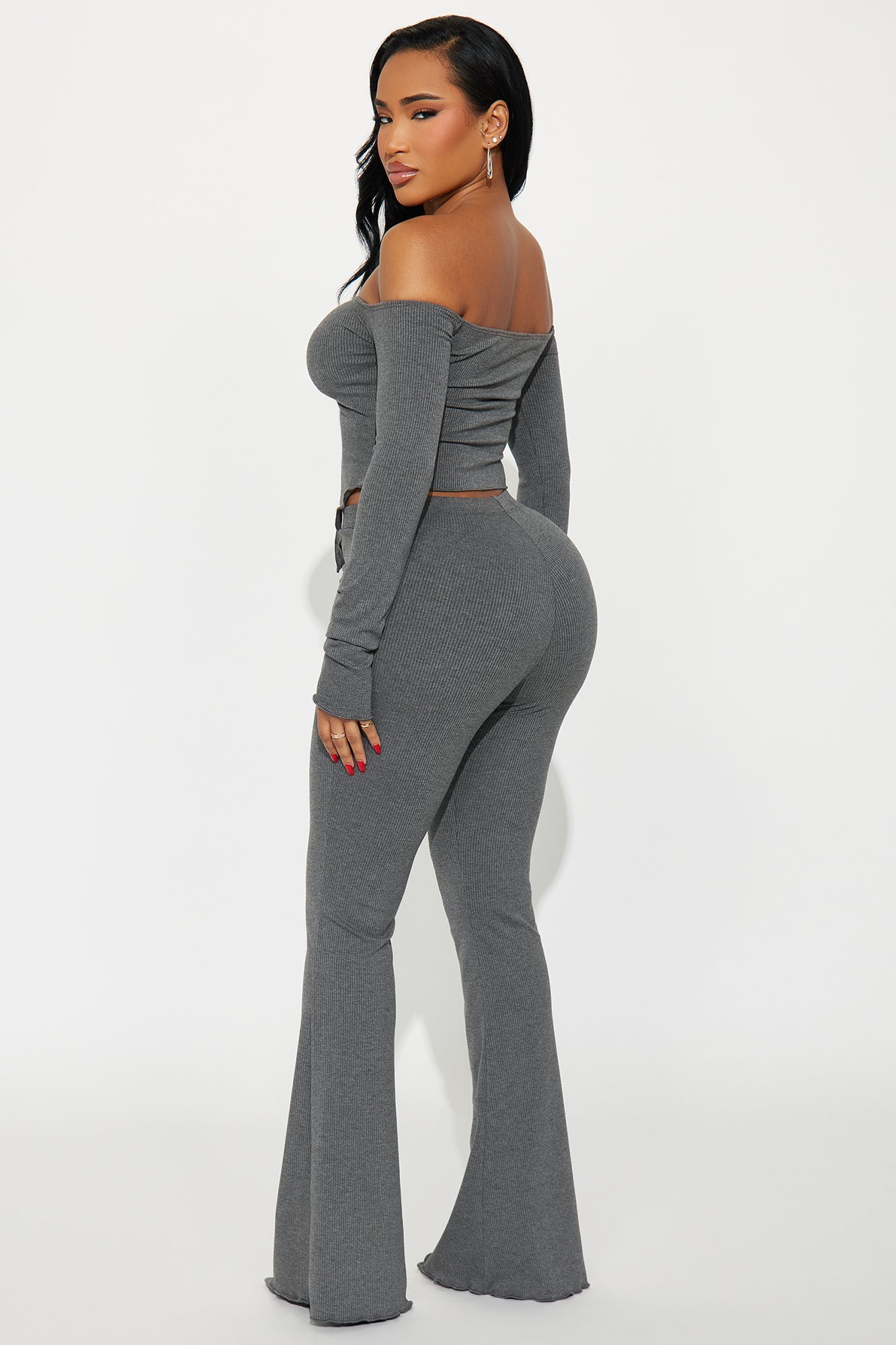 Adjust To Me Ribbed Off Shoulder Pant Set - Grey