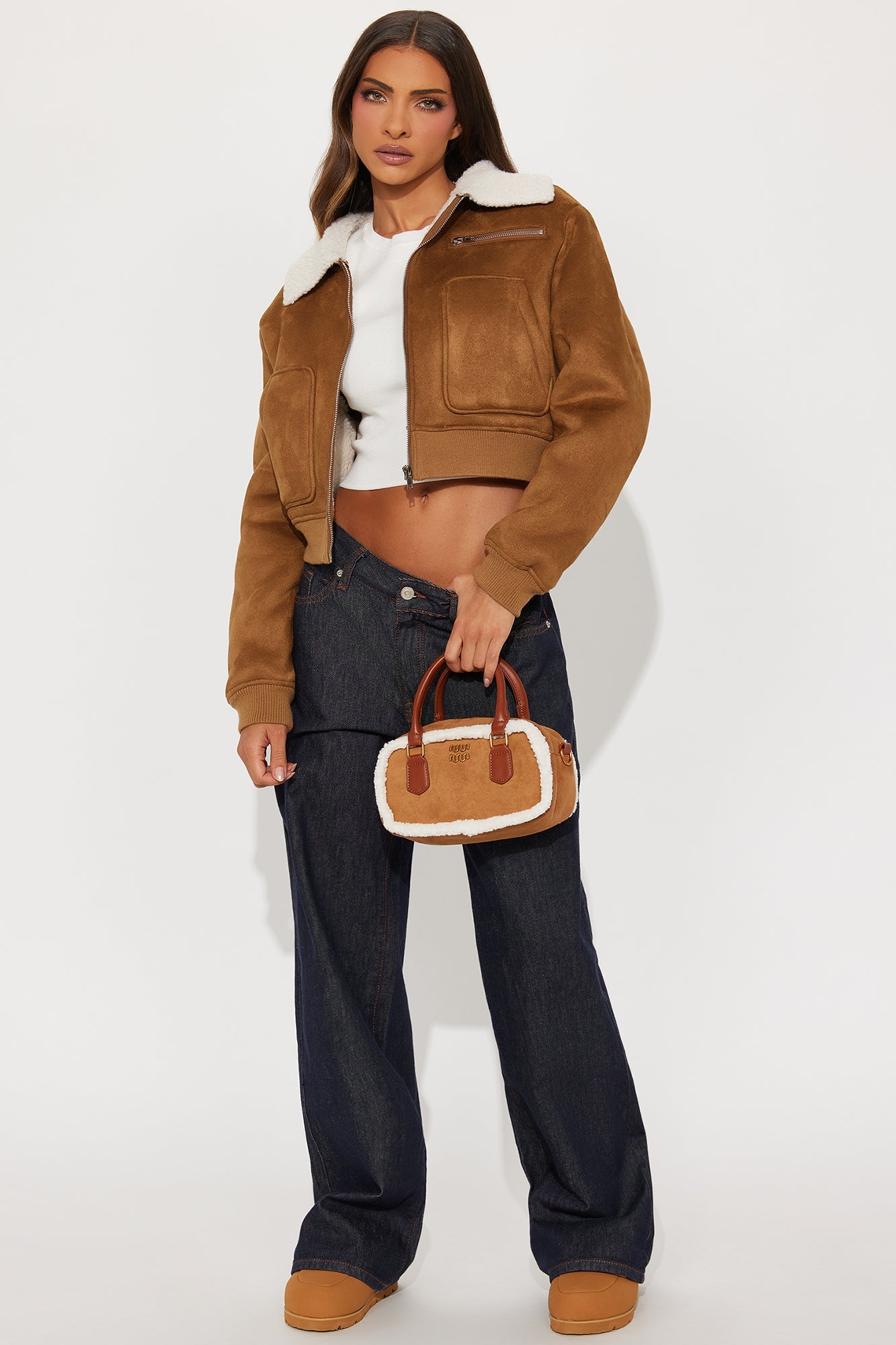 Cool With Me Fur Trim Faux Suede Satchel Handbag - Cognac 