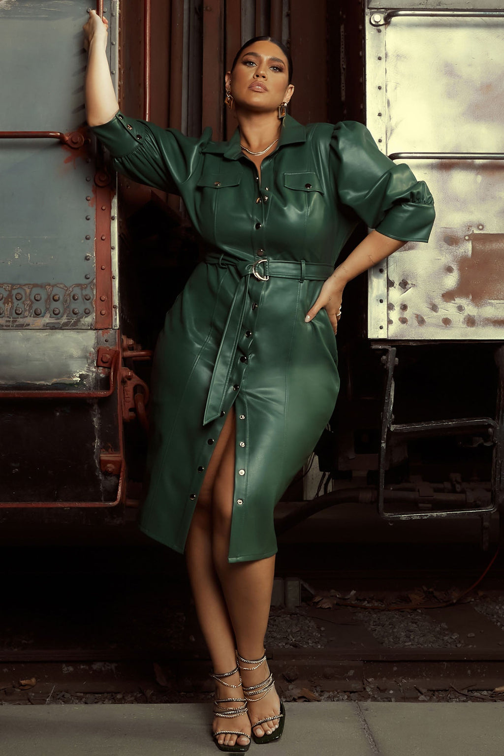 All For Looks Faux Leather Midi Dress - Hunter