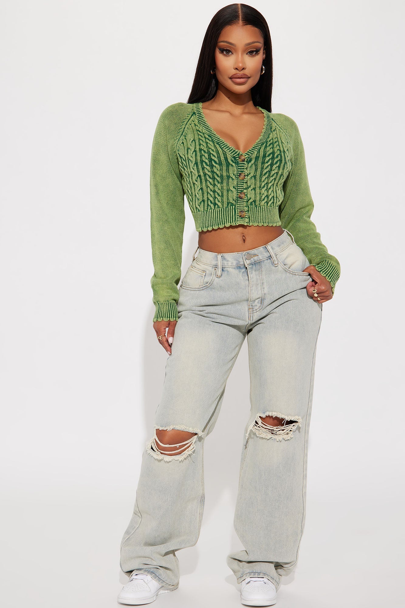 Street Looks Washed Cropped Cardigan - Green