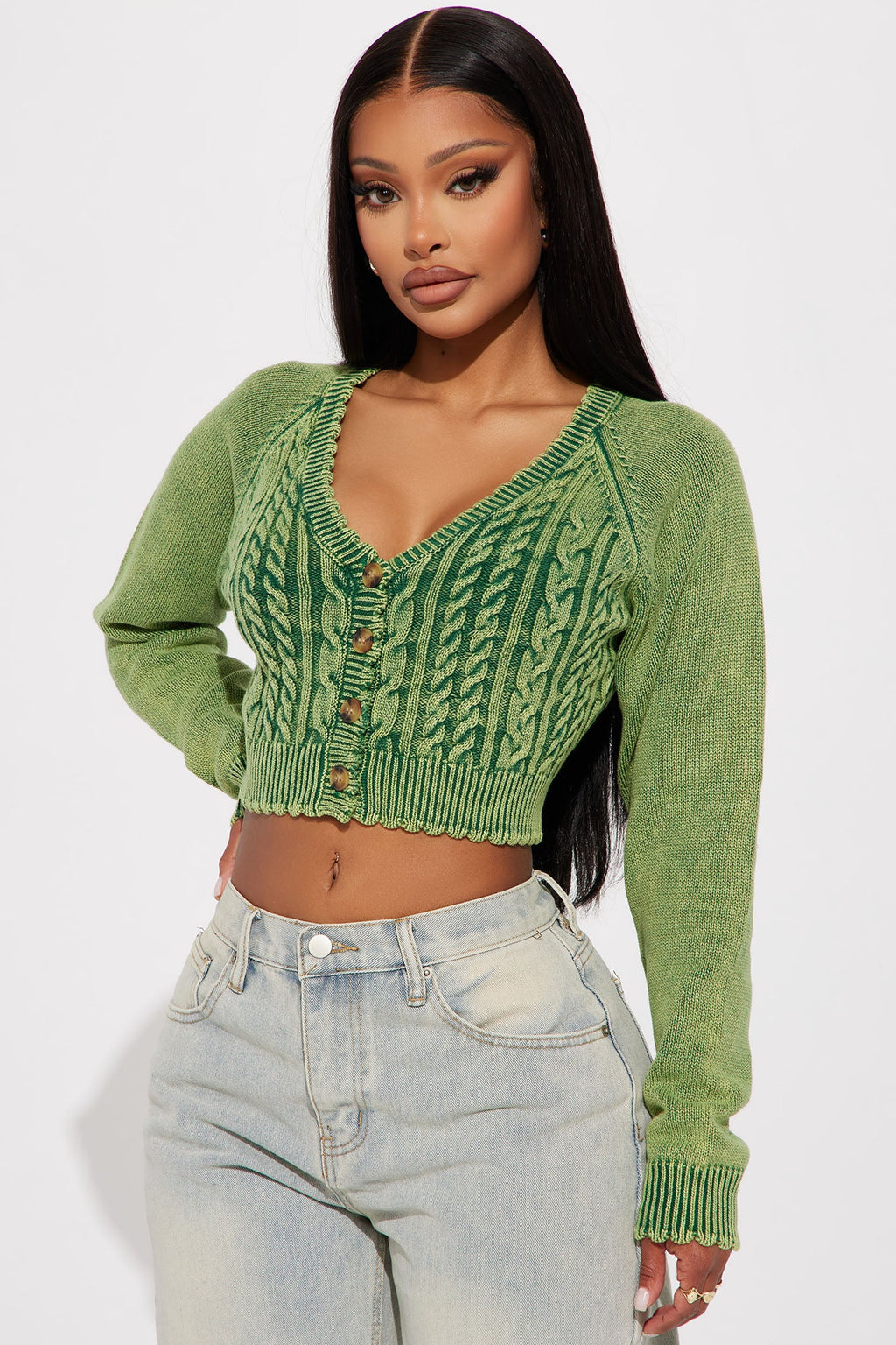 Street Looks Washed Cropped Cardigan - Green