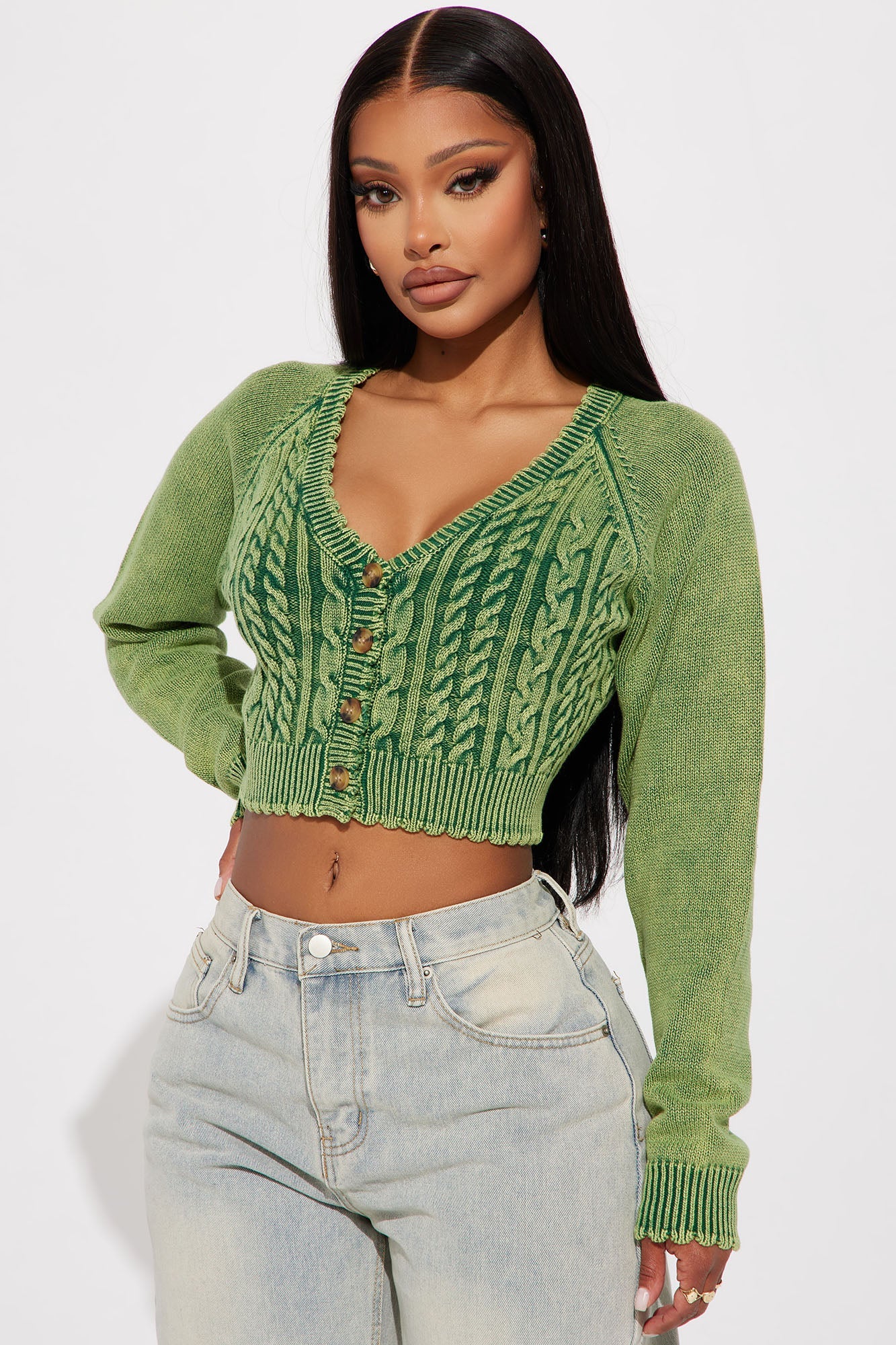 Street Looks Washed Cropped Cardigan - Green