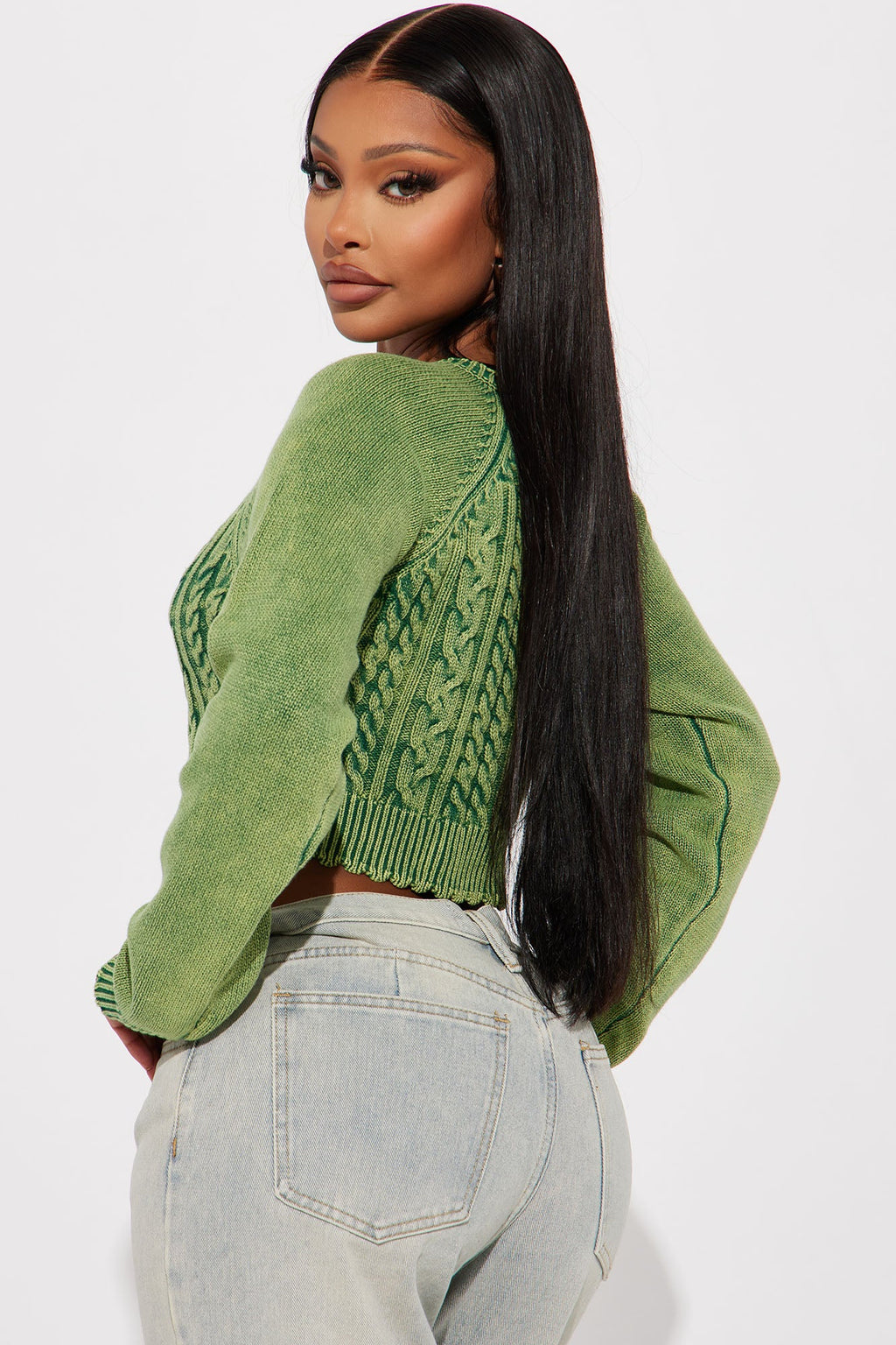 Street Looks Washed Cropped Cardigan - Green