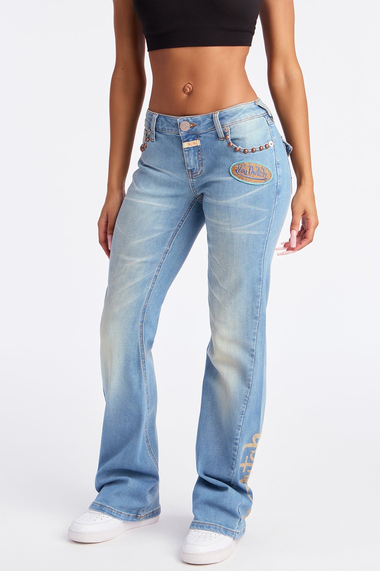 Von Dutch Studded Low Rise Flare Jeans - Medium Wash