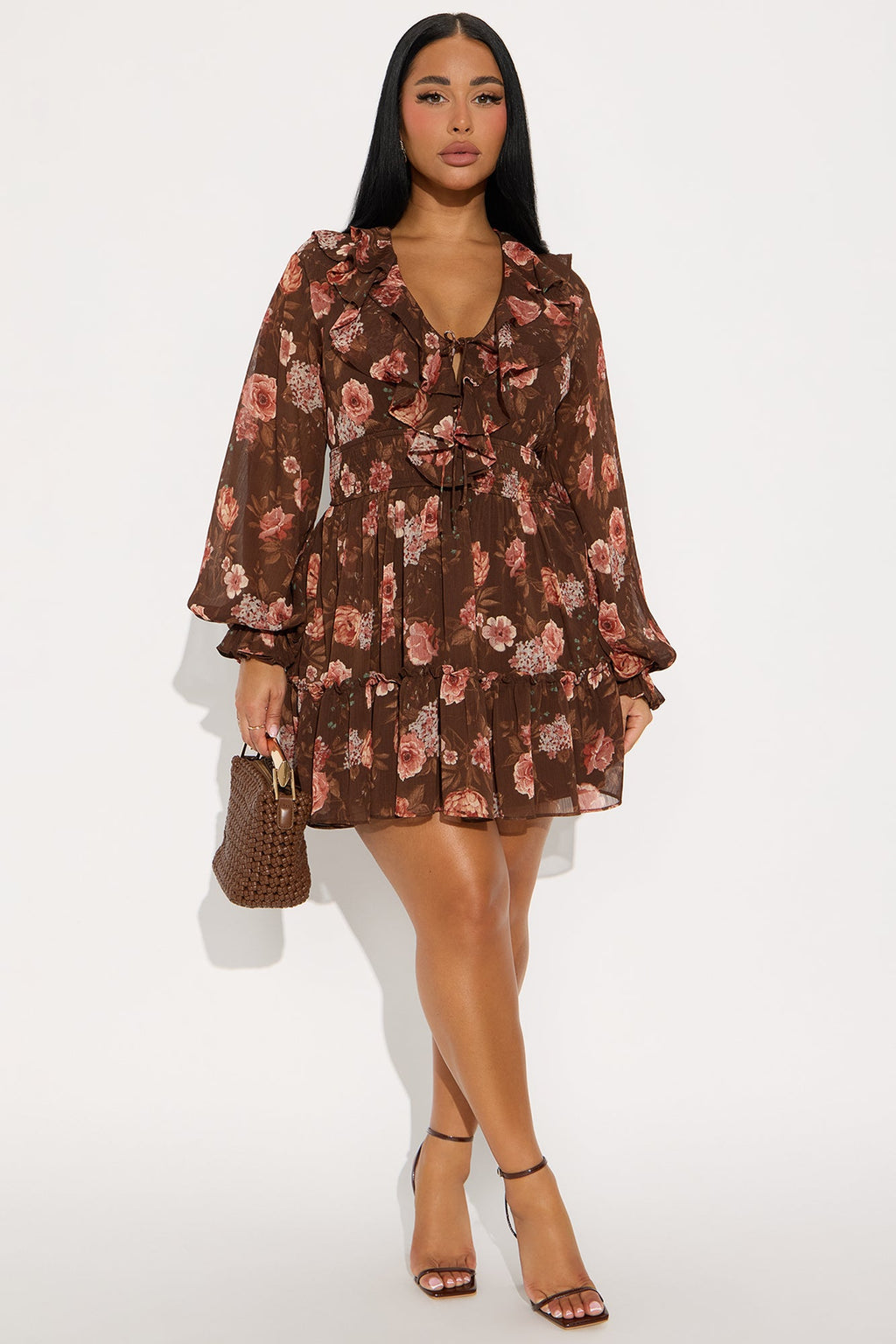 Bethany Floral Chiffon Mini Dress - Brown/combo