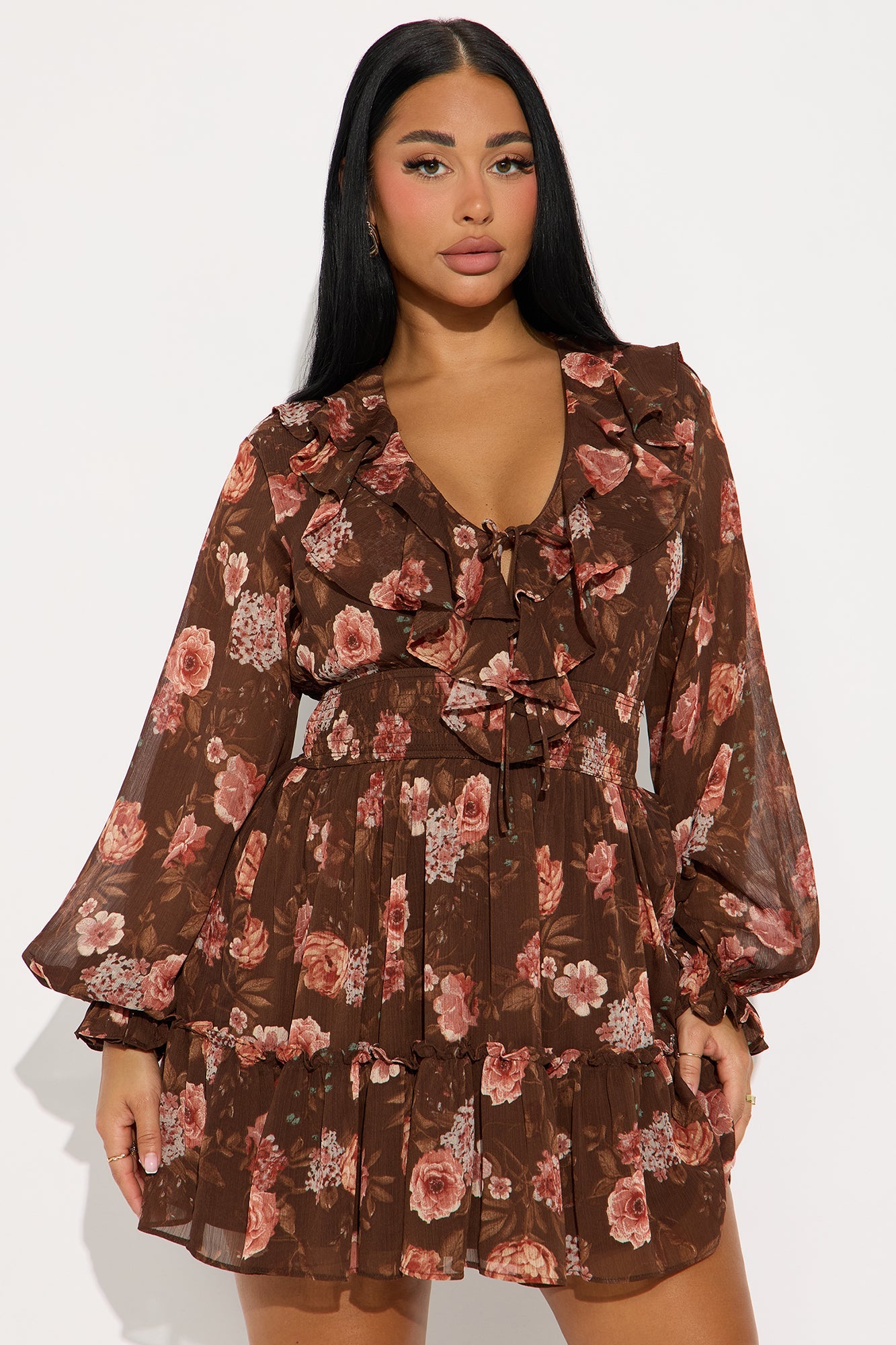 Bethany Floral Chiffon Mini Dress - Brown/combo