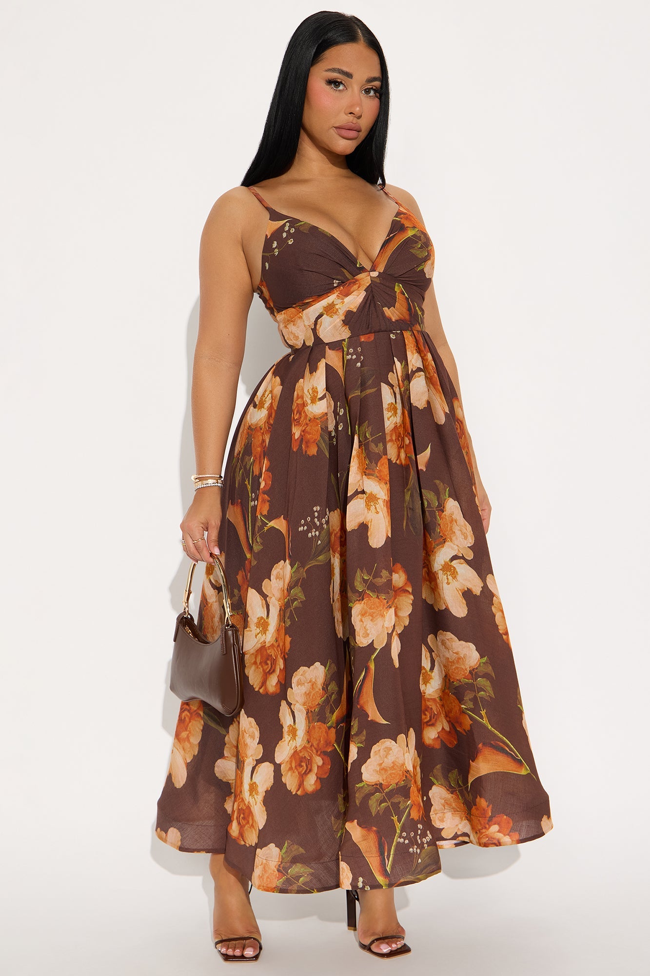 Caitlin Pleated Floral Midi Dress - Brown/combo