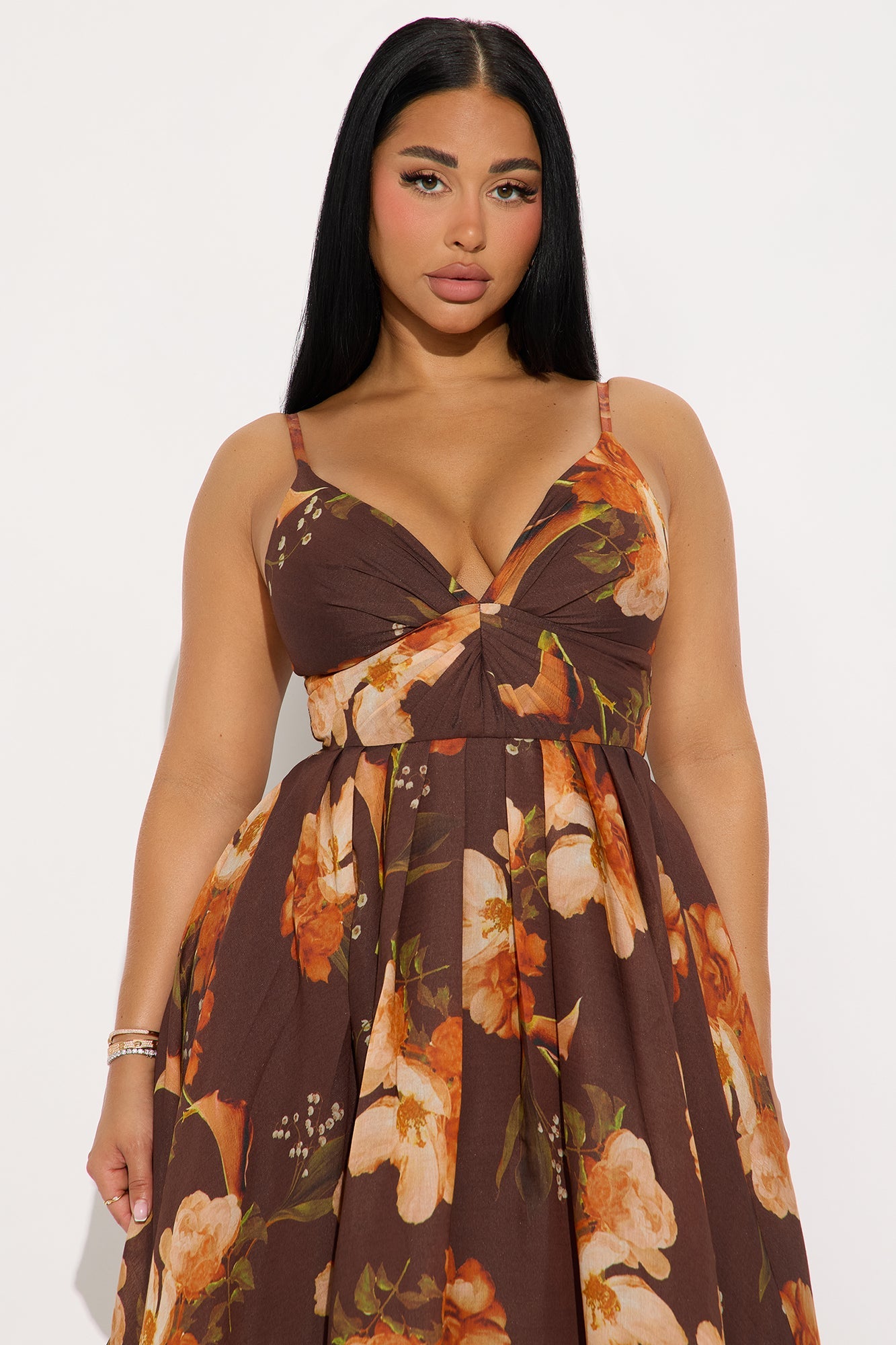 Caitlin Pleated Floral Midi Dress - Brown/combo