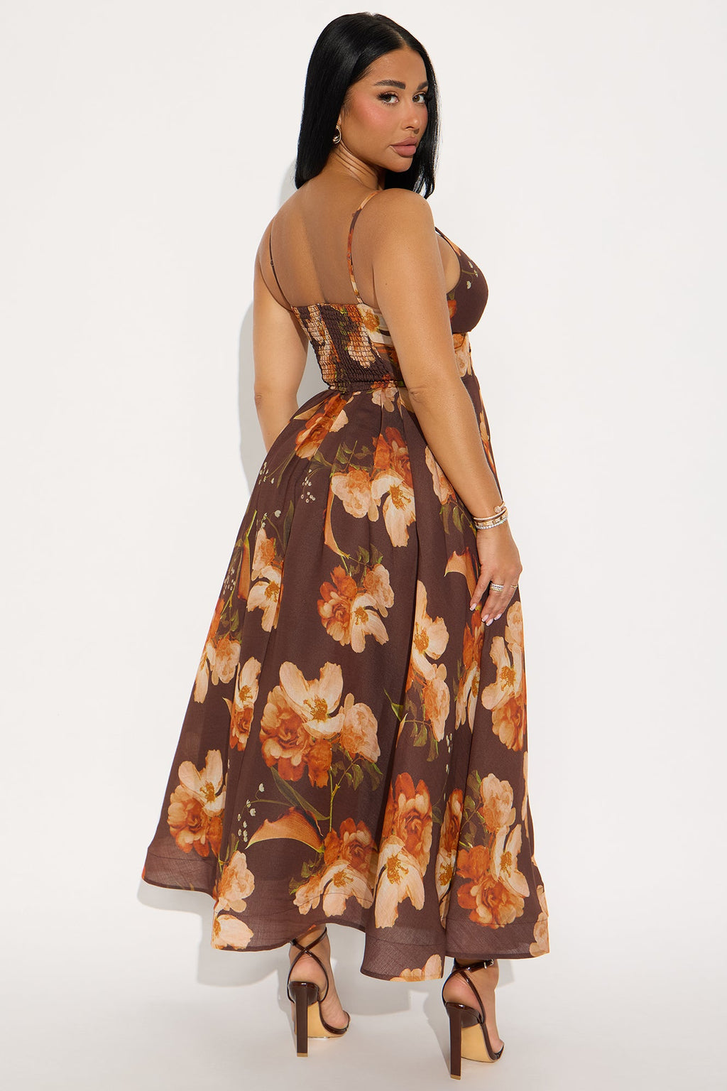 Caitlin Pleated Floral Midi Dress - Brown/combo