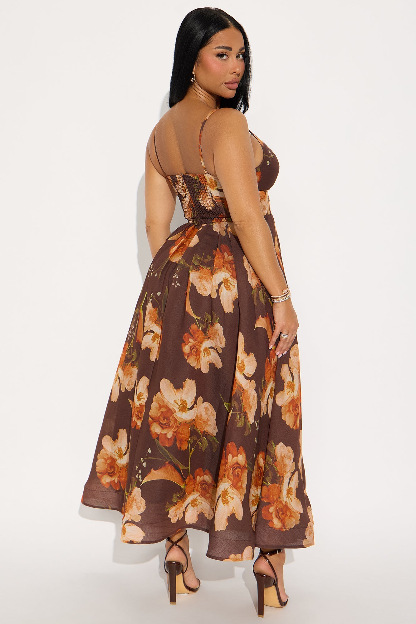Caitlin Pleated Floral Midi Dress - Brown/combo