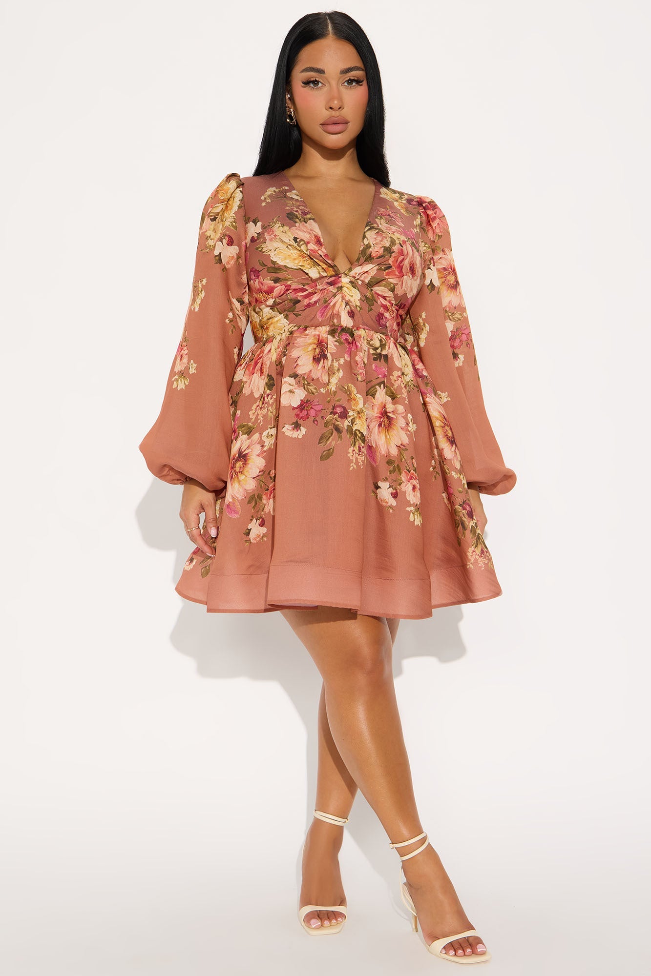 Esme Floral Long Sleeve Mini Dress - Rose