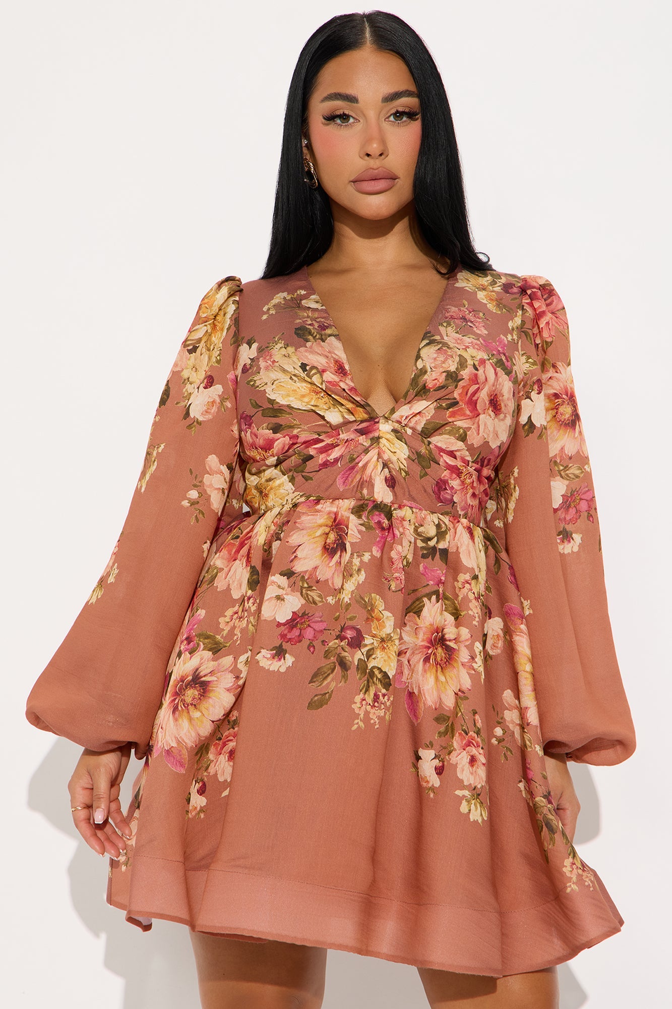 Esme Floral Long Sleeve Mini Dress - Rose
