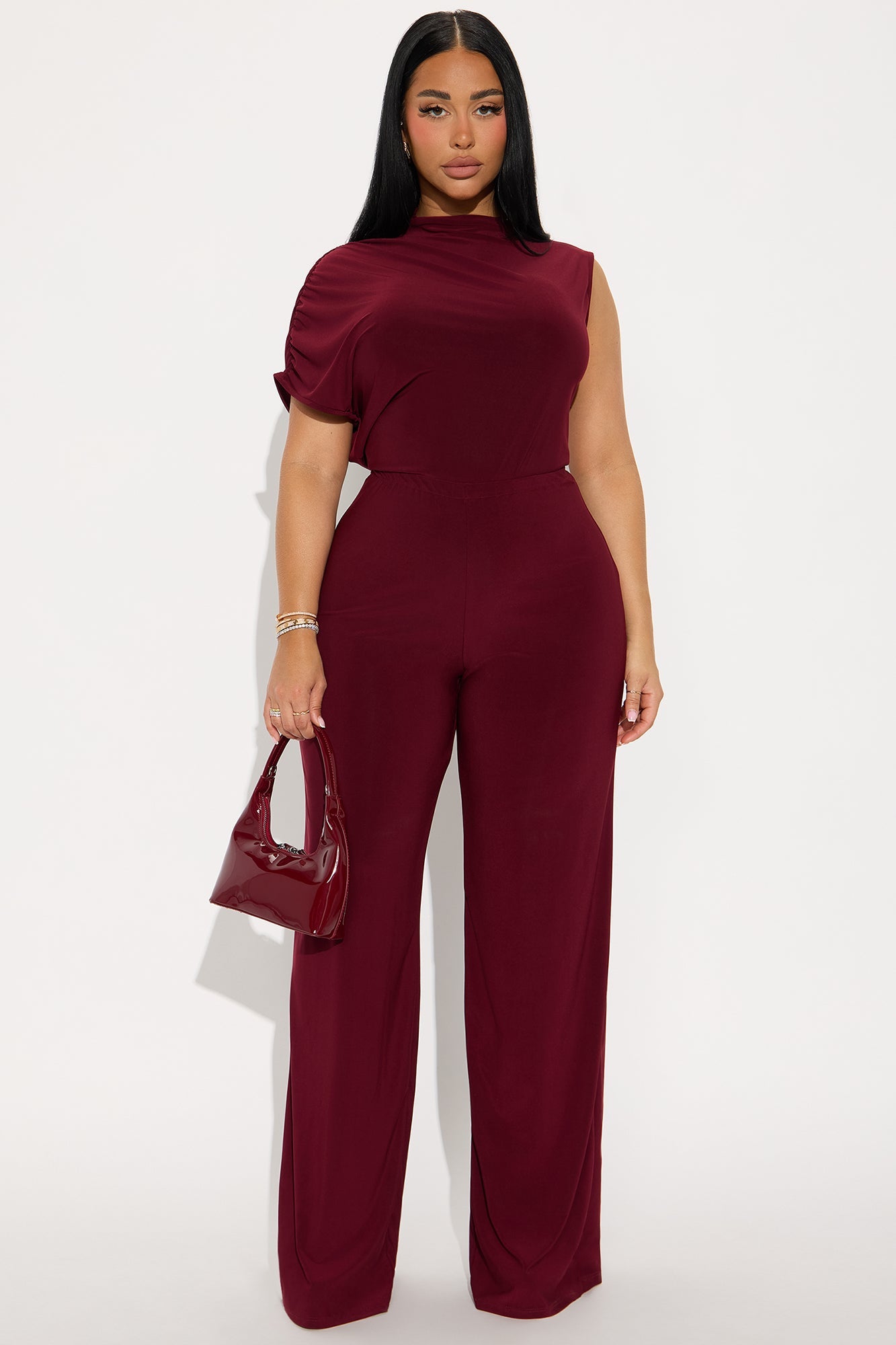 Monica Mock Neck Wide Leg Jumpsuit - Wine
