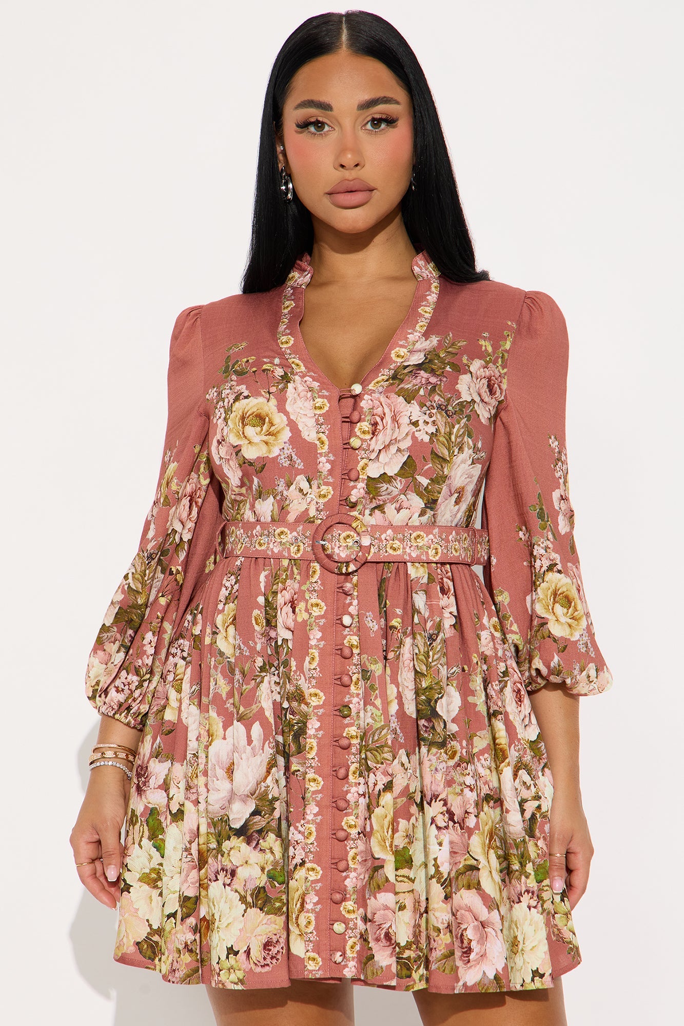 Mari Belted Floral Mini Dress - Rose