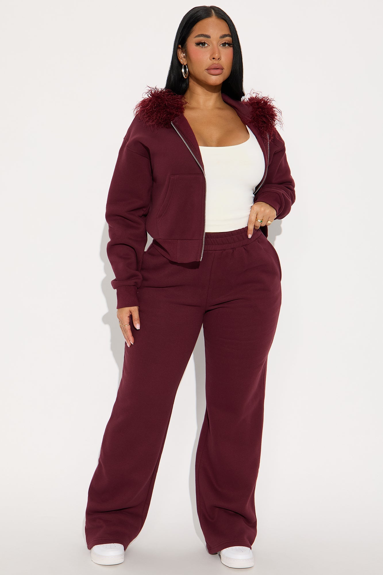 Keep Me Warm Faux Fur Trim Hoodie Set - Burgundy