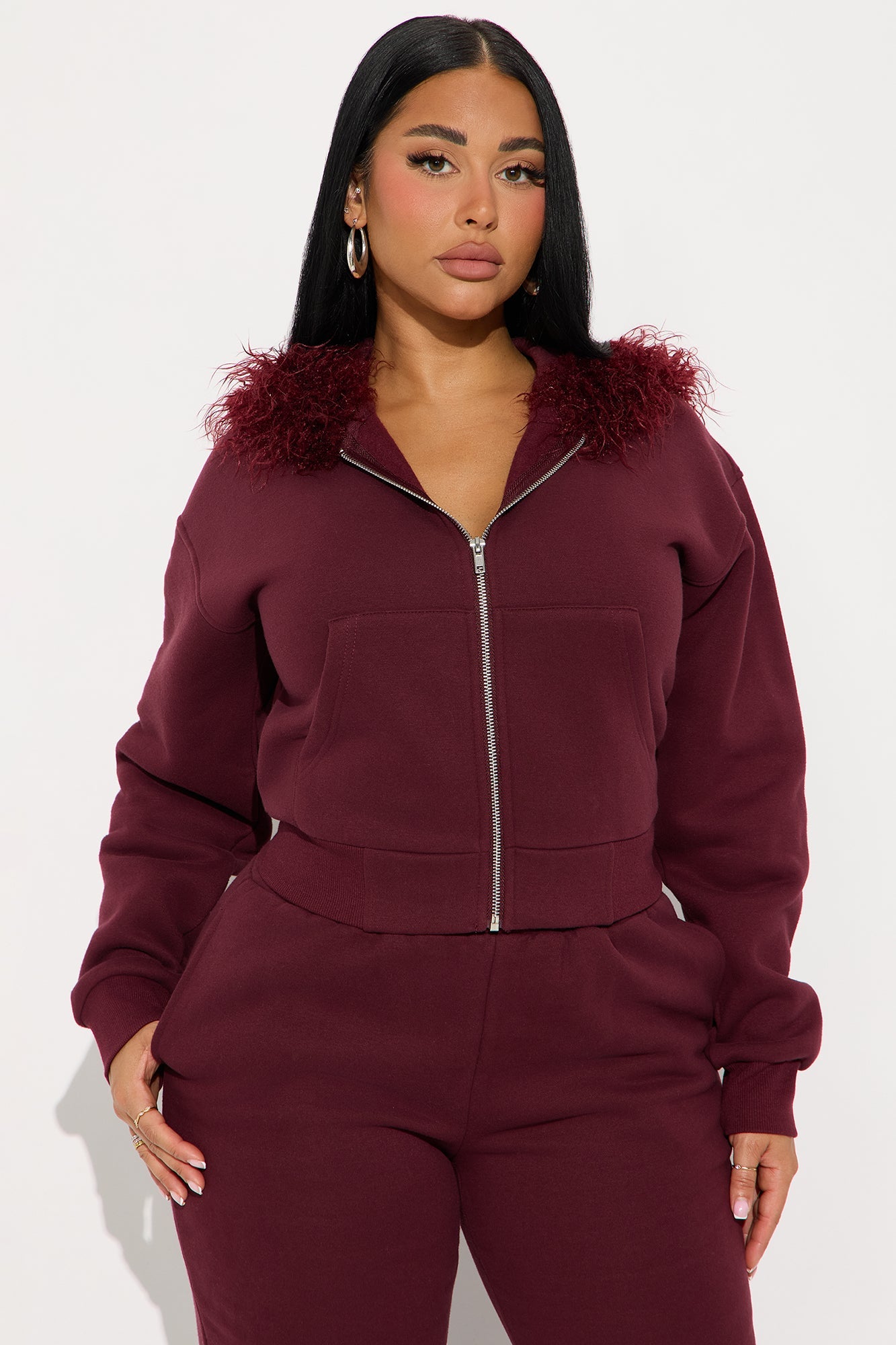 Keep Me Warm Faux Fur Trim Hoodie Set - Burgundy