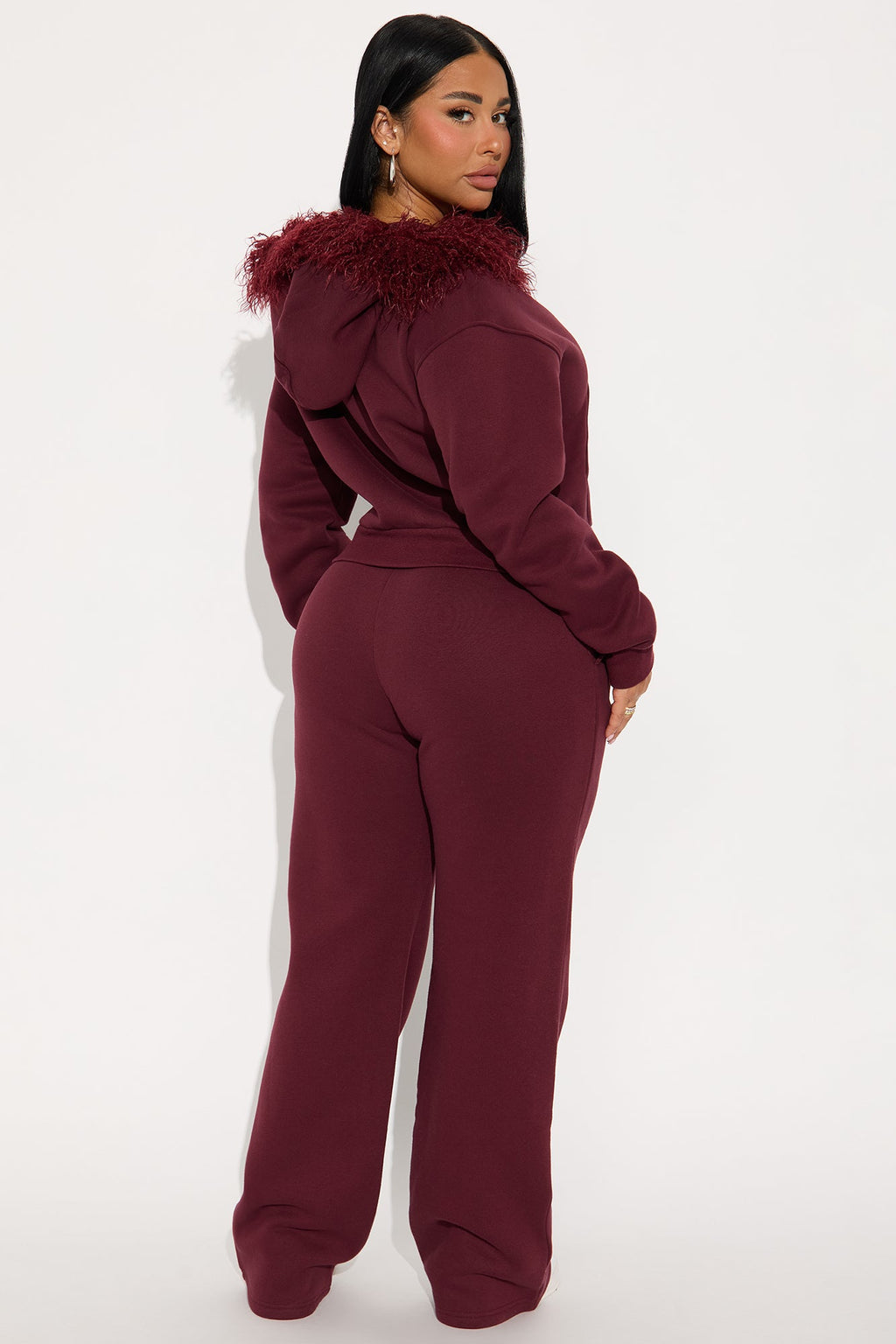 Keep Me Warm Faux Fur Trim Hoodie Set - Burgundy