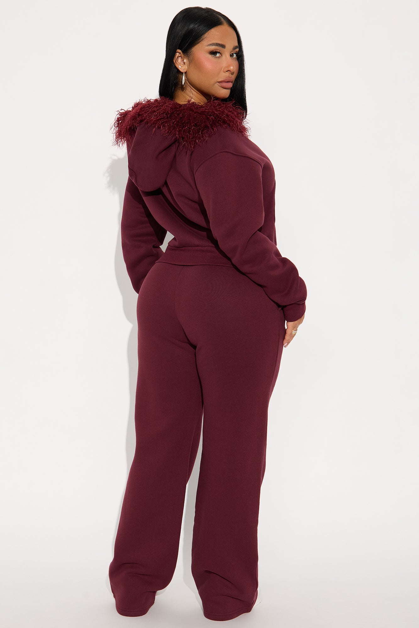Keep Me Warm Faux Fur Trim Hoodie Set - Burgundy