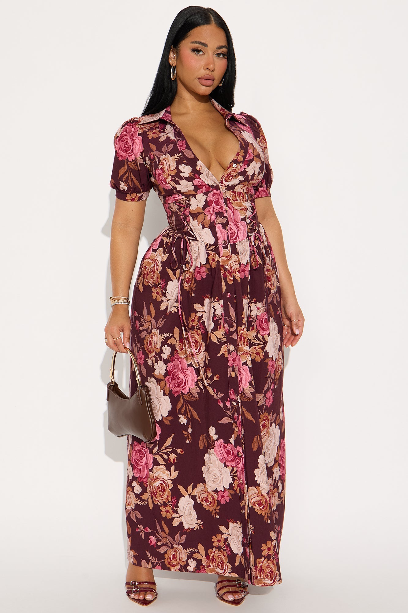 Polly Puff Sleeve Maxi Dress - Burgundy/combo