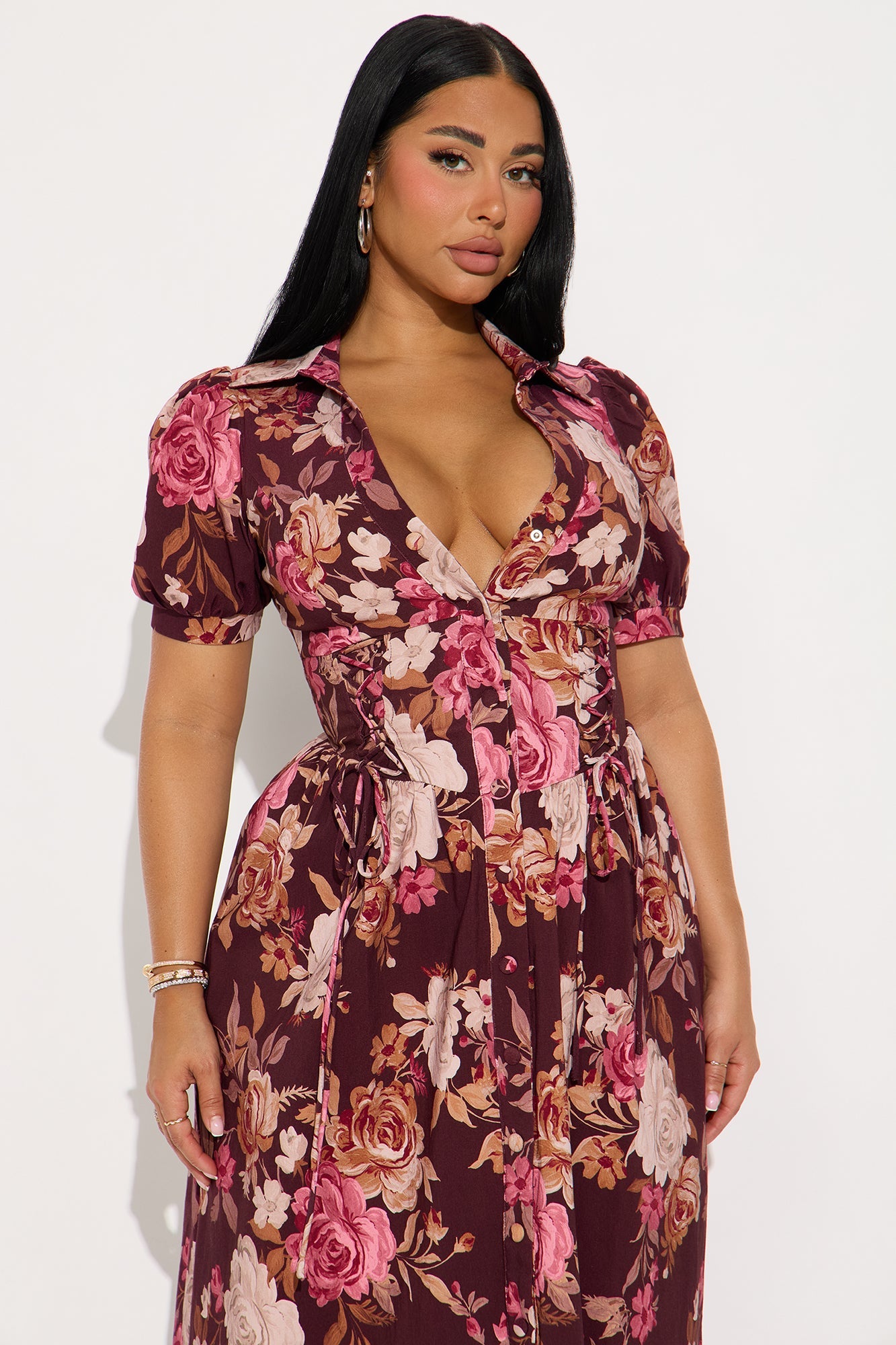 Polly Puff Sleeve Maxi Dress - Burgundy/combo