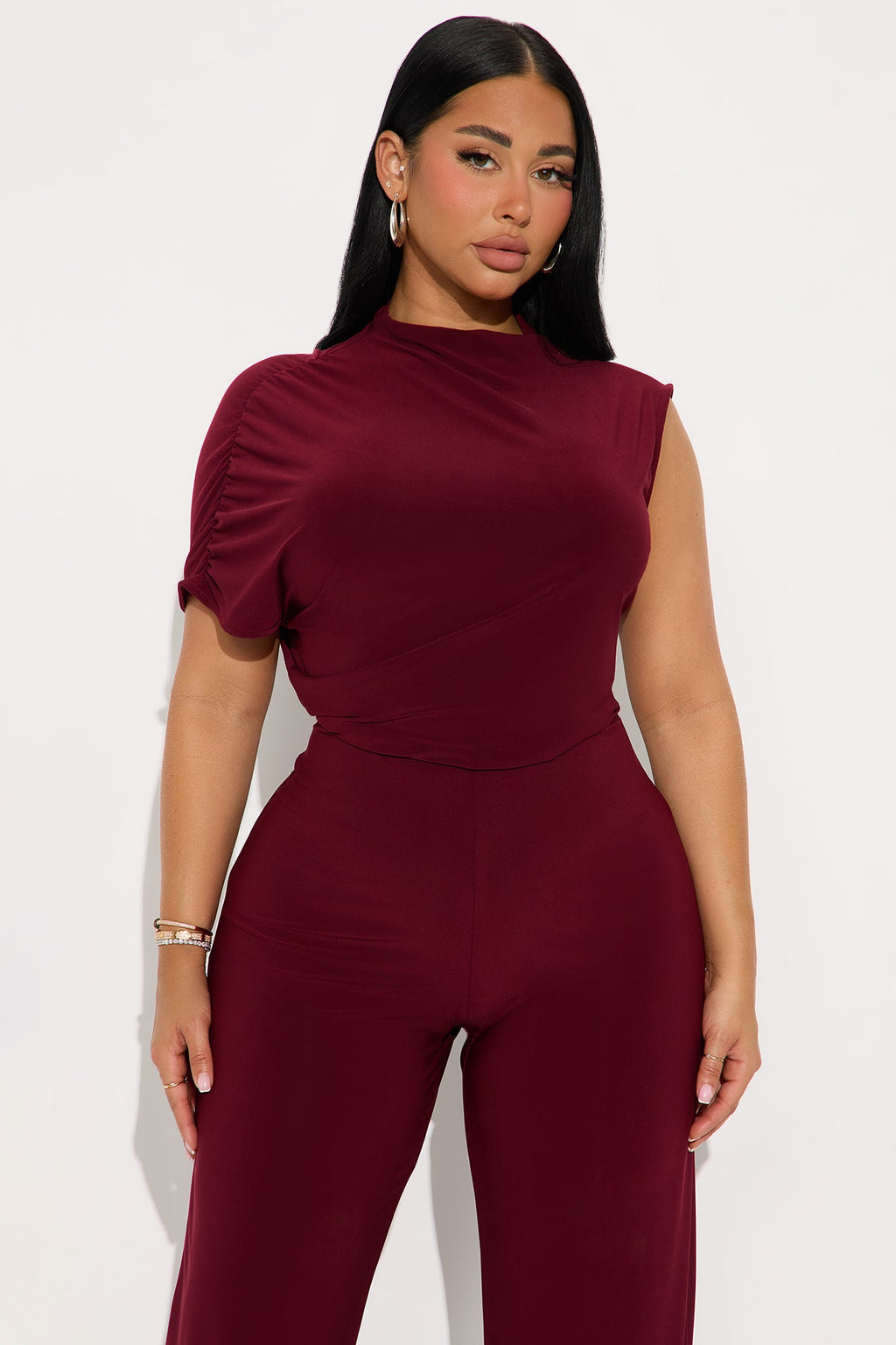 Monica Mock Neck Wide Leg Jumpsuit - Wine